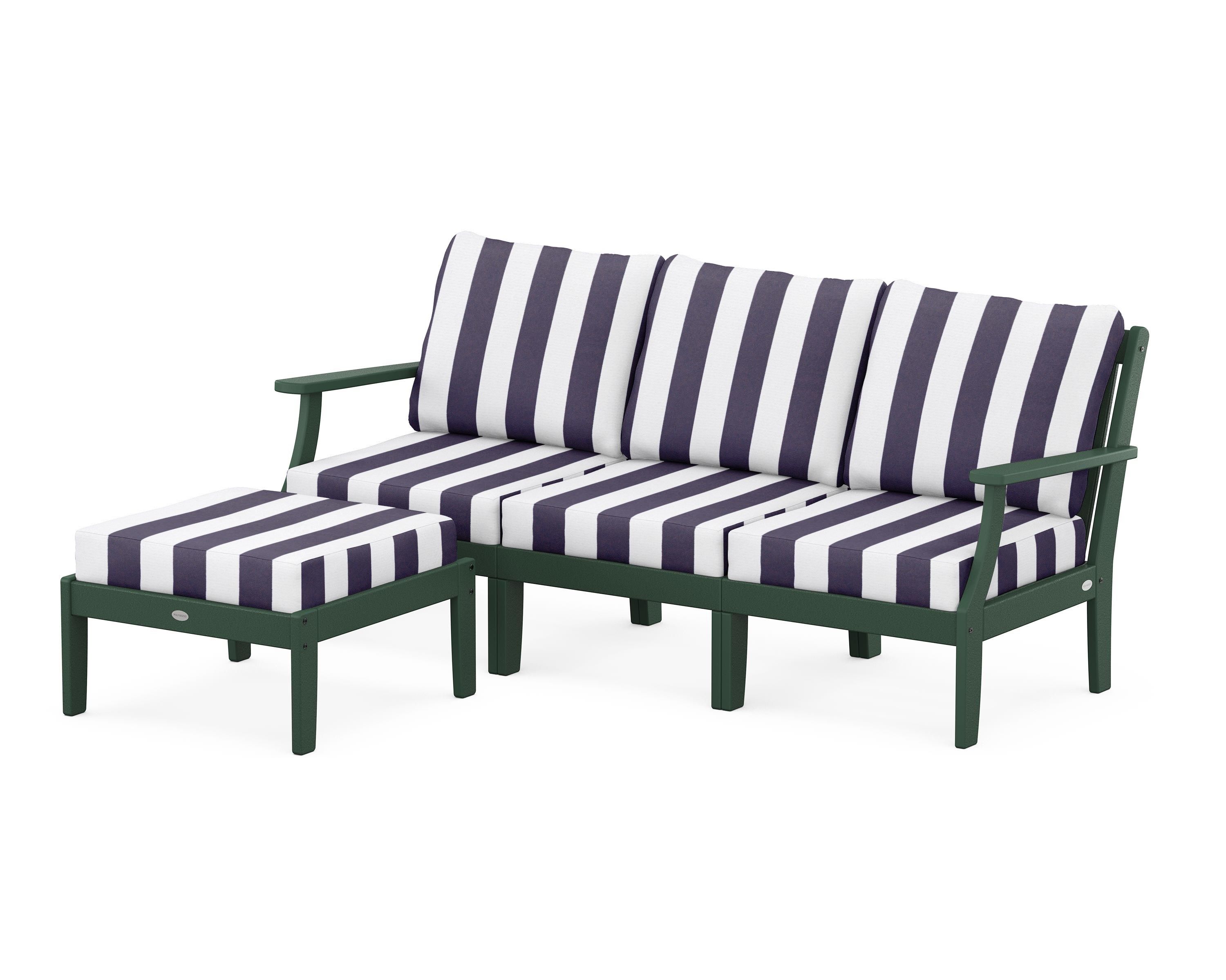 POLYWOOD® Braxton Modular 4-Piece Deep Seating Set with Ottoman in Green / Cabana Stripe Navy