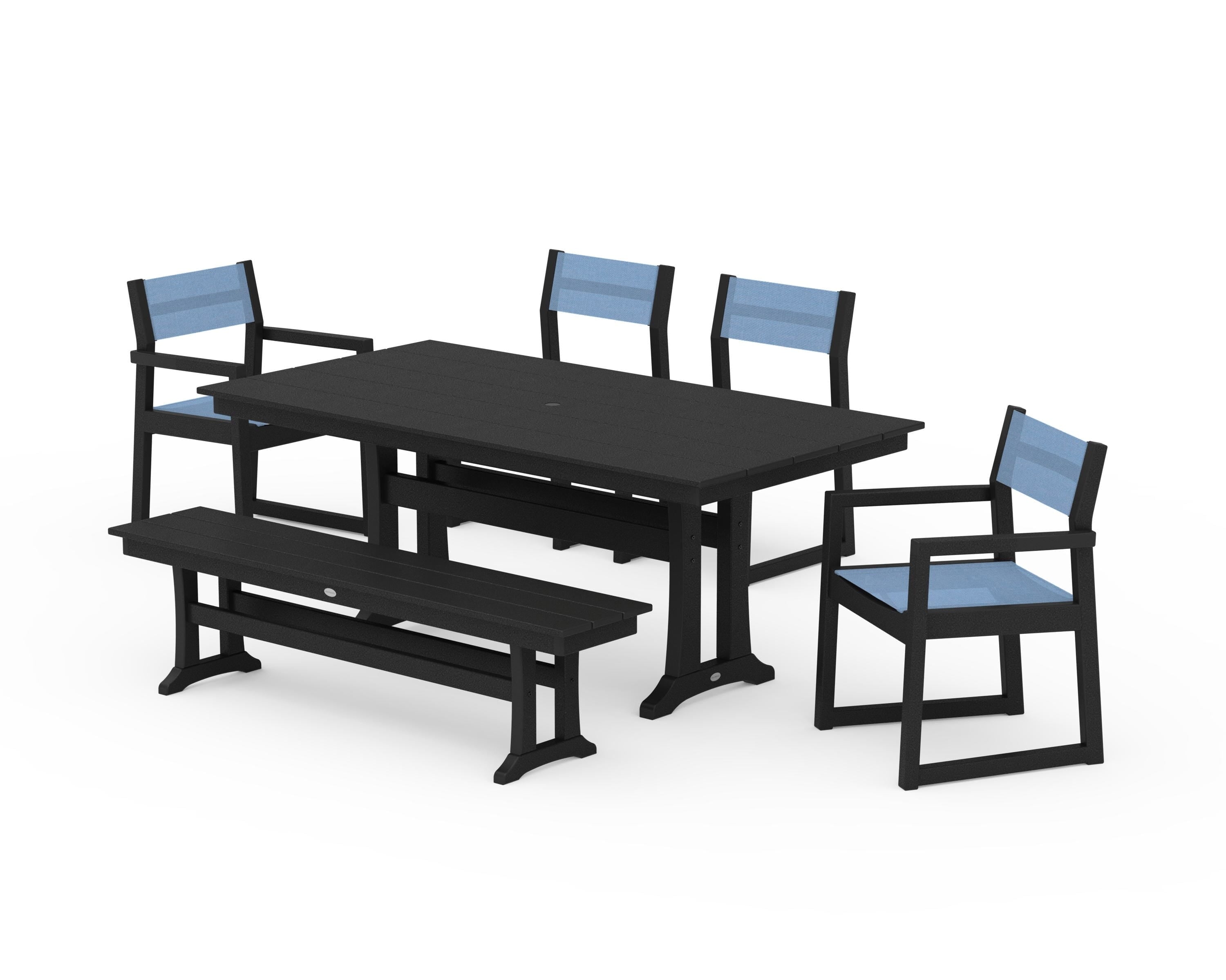 POLYWOOD® EDGE Sling 6-Piece Farmhouse Dining Set With Trestle Legs in Black / Poolside Sling