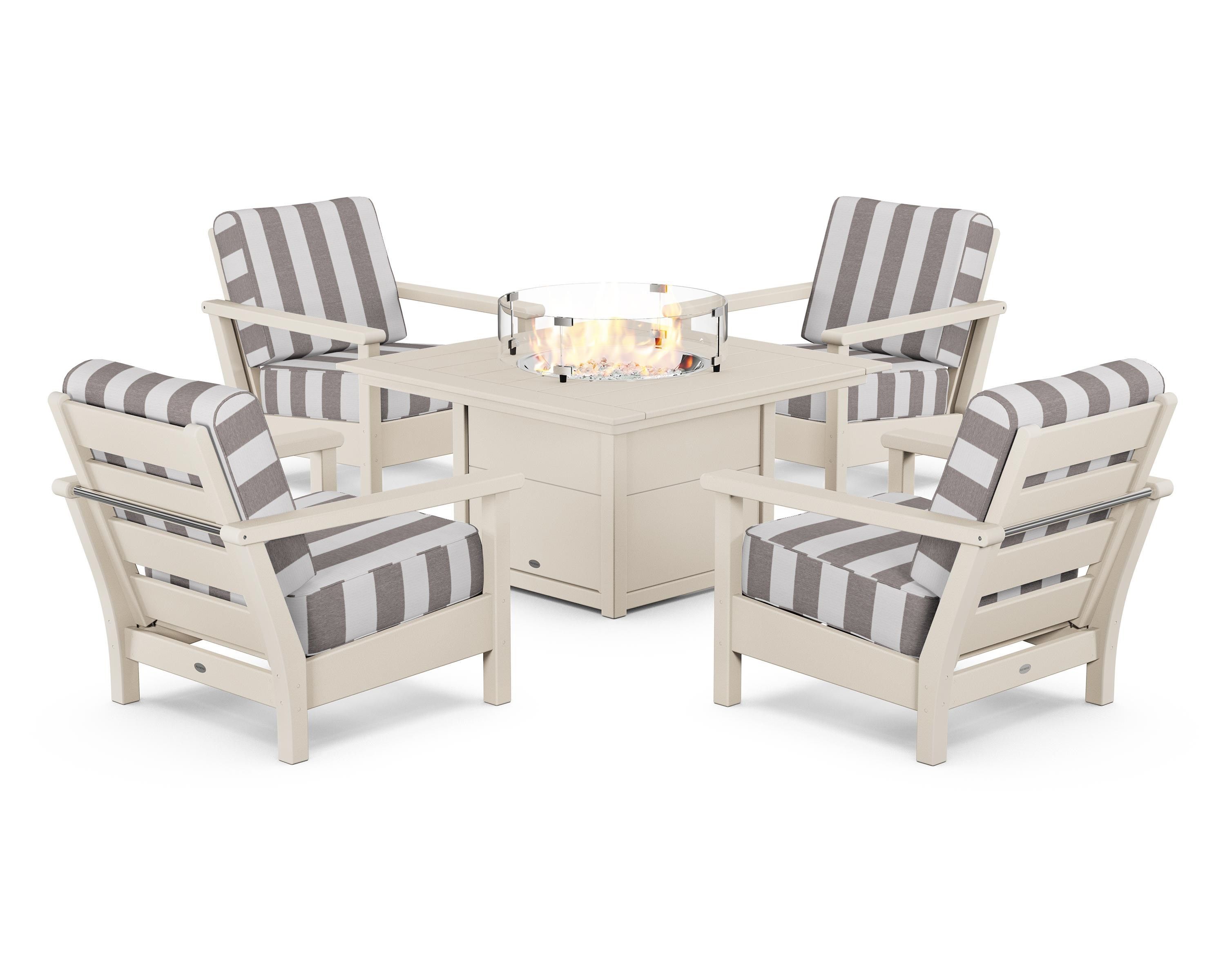 POLYWOOD® Harbour 5-Piece Conversation Set with Fire Pit Table in Sand / Cabana Stripe Grey Mist