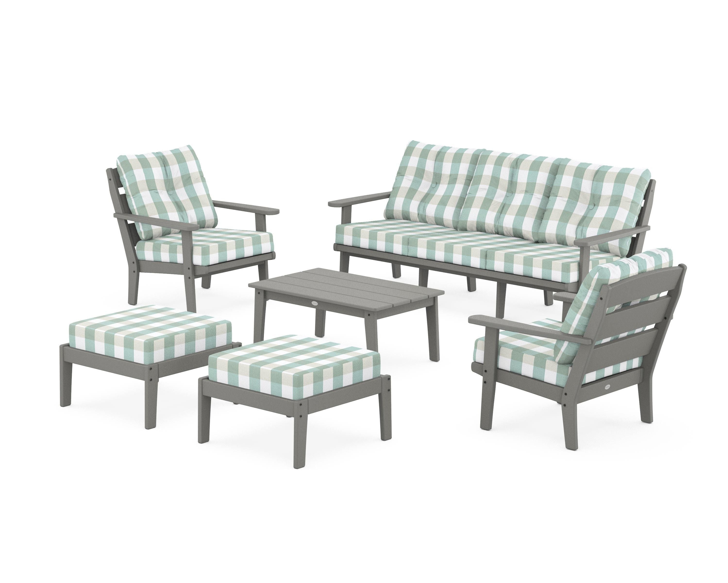 POLYWOOD® Lakeside 6-Piece Lounge Sofa Set in Slate Grey / Buffalo Plaid Glacier Spa