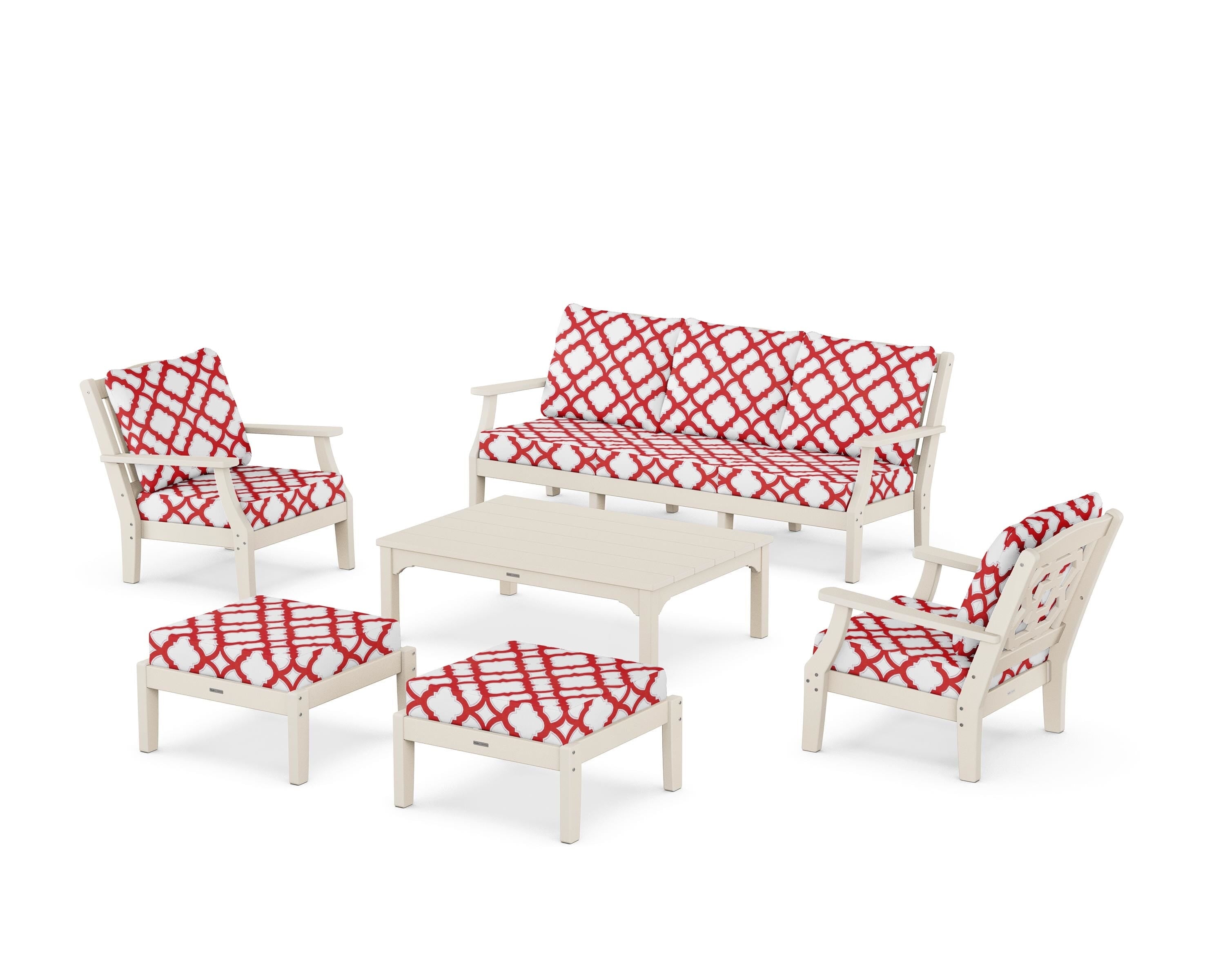 Martha Stewart by POLYWOOD® Chinoiserie 6-Piece Lounge Sofa Set in Sand / Trellis Crimson