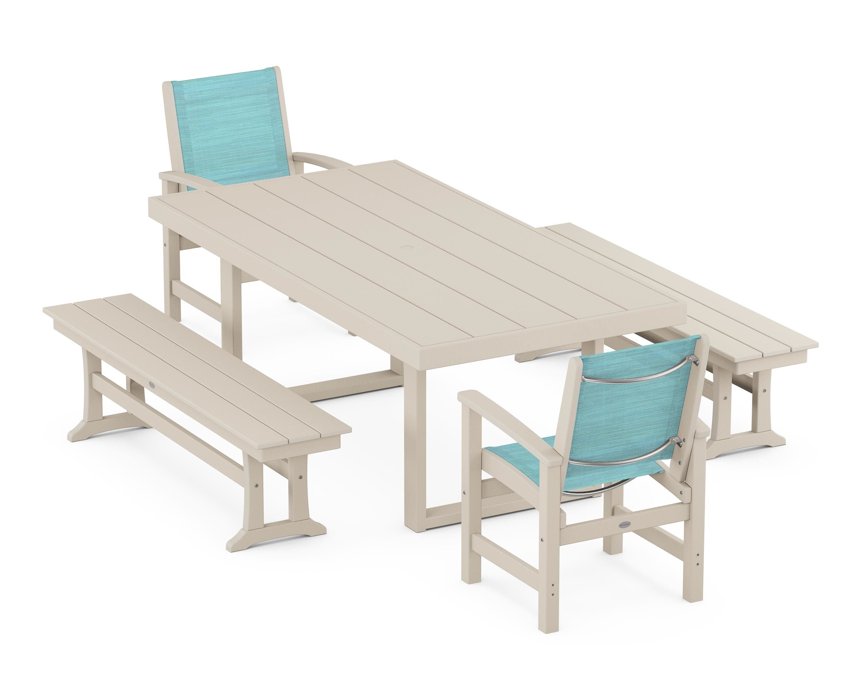 POLYWOOD® Coastal 5-Piece Dining Set with Trestle Legs in Sand / Dupioni Aquamarine Sling