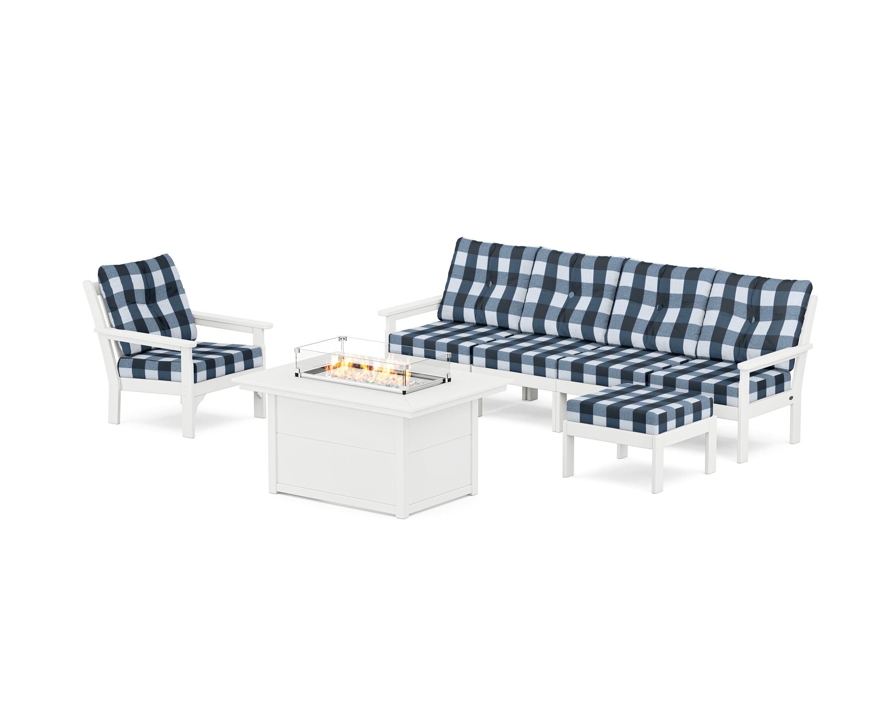 POLYWOOD® Vineyard Sectional Lounge and Fire Pit Set in White / Buffalo Plaid Marine Indigo