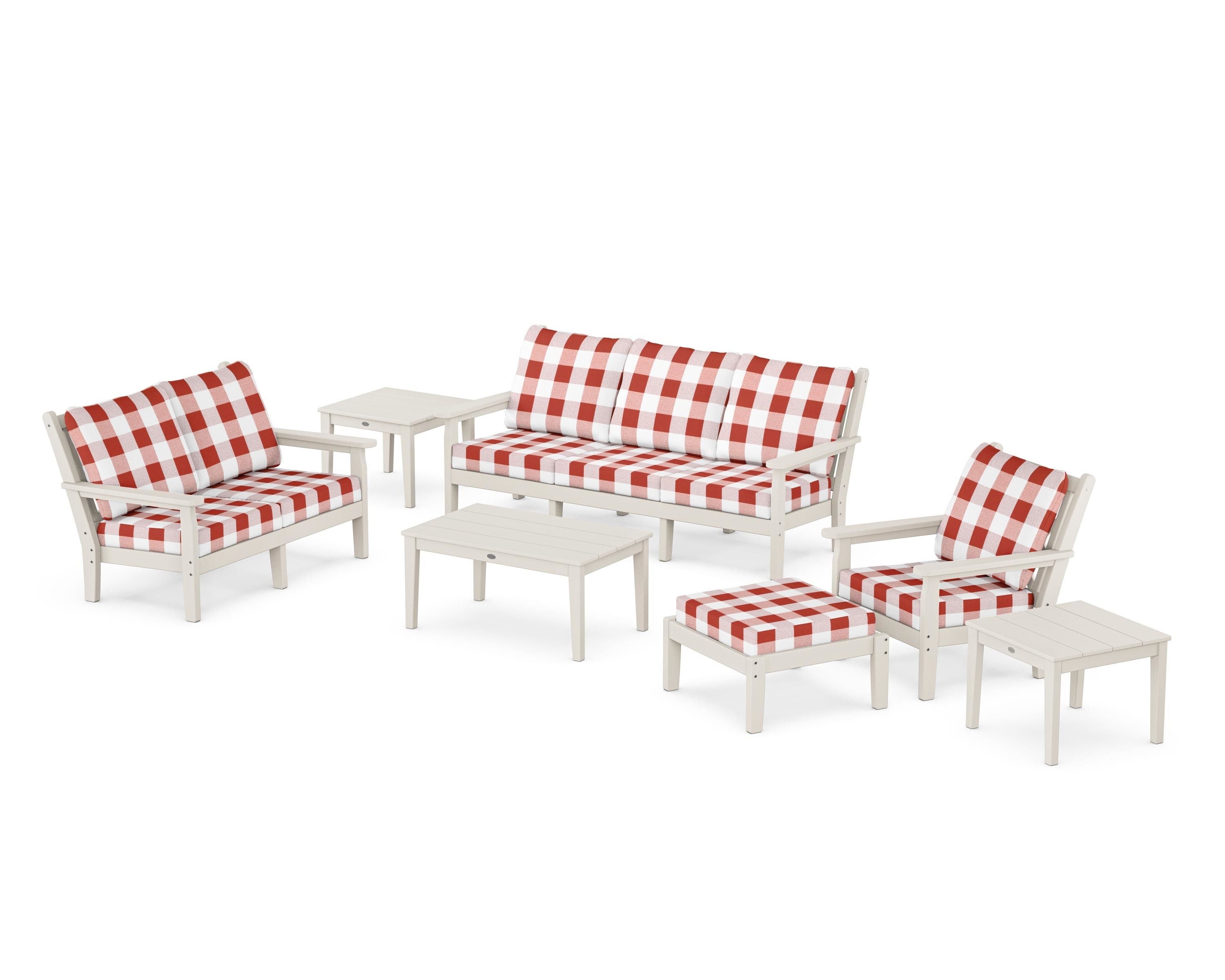 POLYWOOD® Chippendale 7-Piece Deep Seating Set in Sand / Buffalo Plaid Crimson