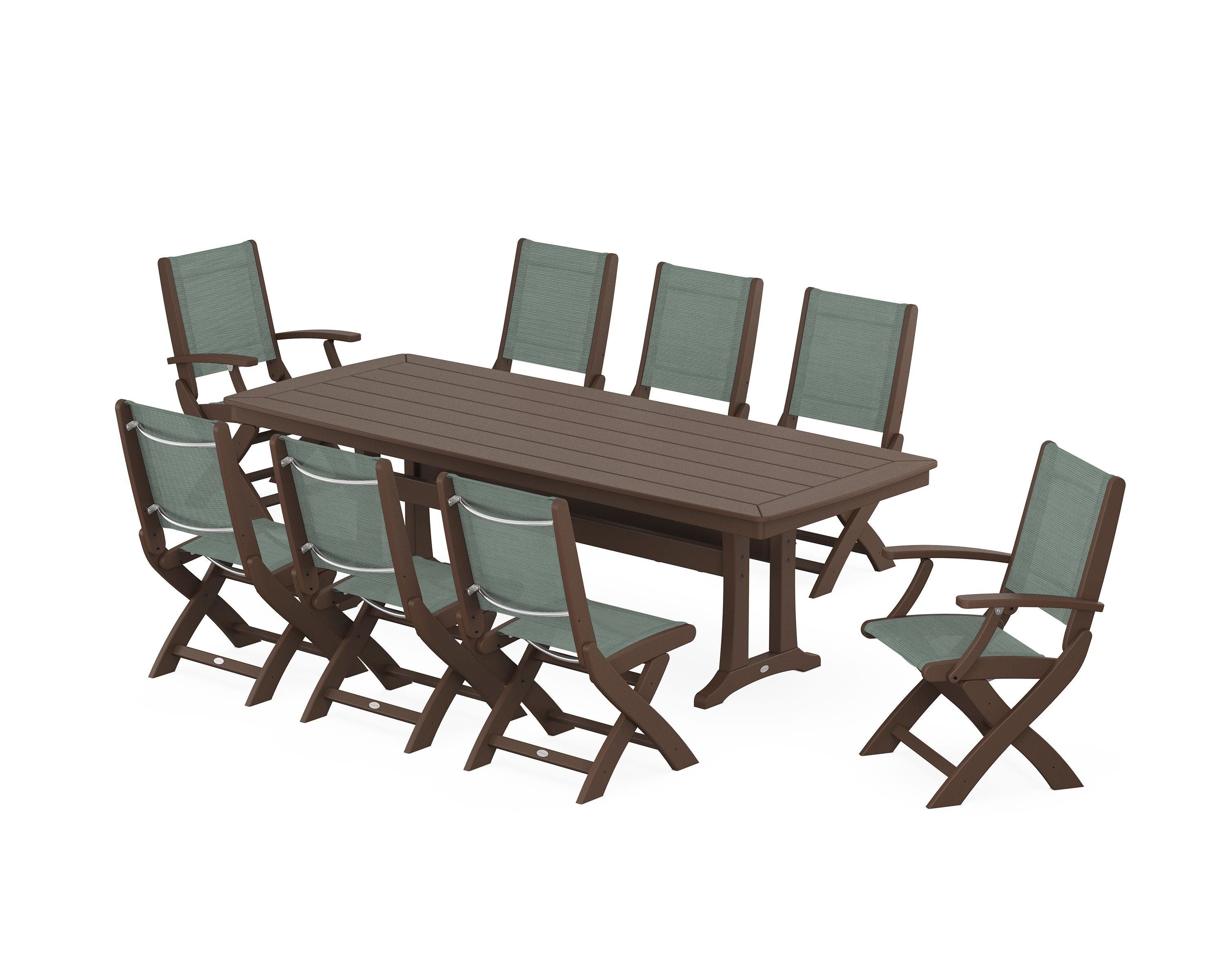 POLYWOOD® Coastal Folding 9-Piece Dining Set with Trestle Legs in Mahogany / Dupioni Sea Mist Sling