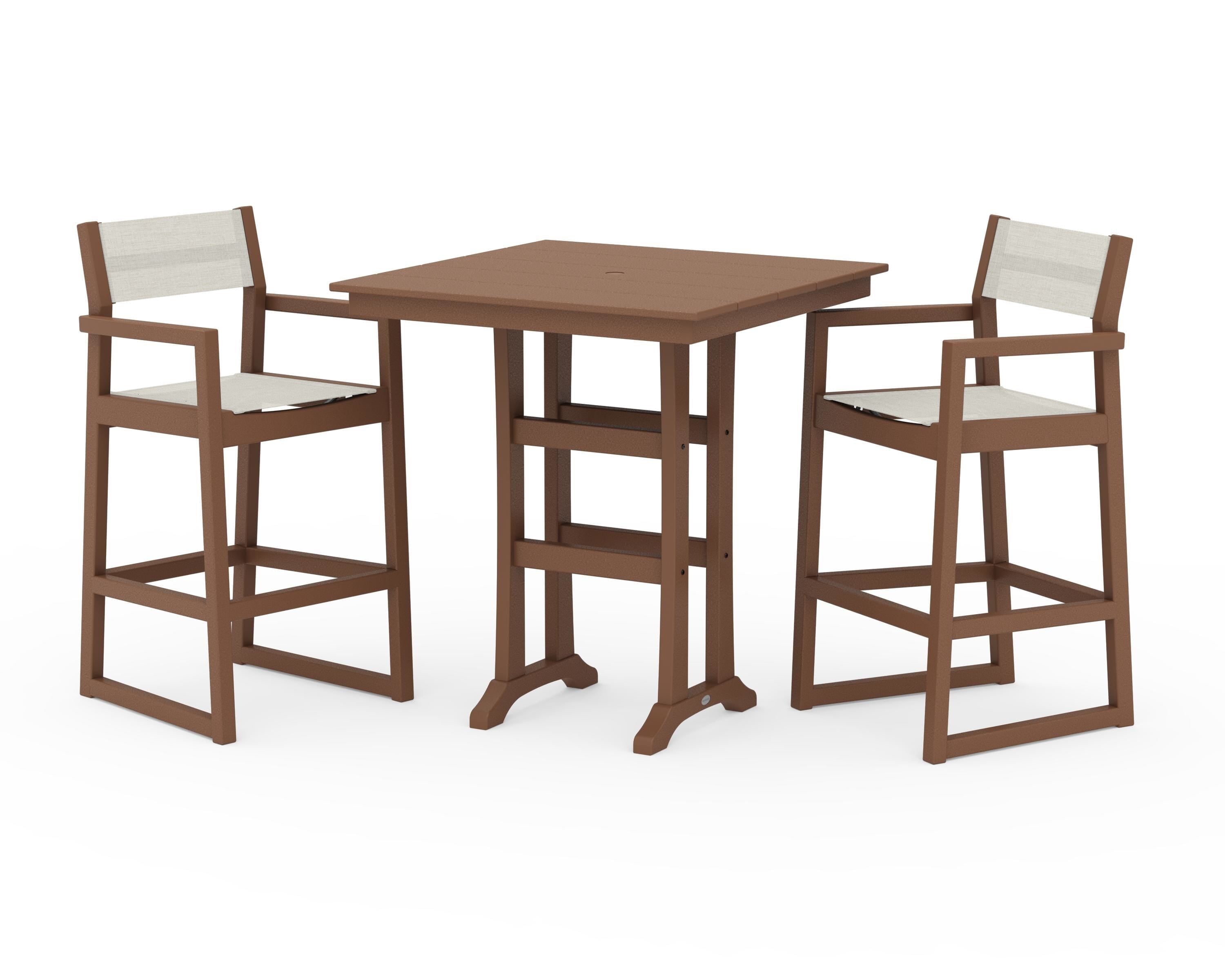 POLYWOOD® EDGE Sling Arm Chair 3-Piece Farmhouse Bar Set with Trestle Legs in Teak / Parchment Sling