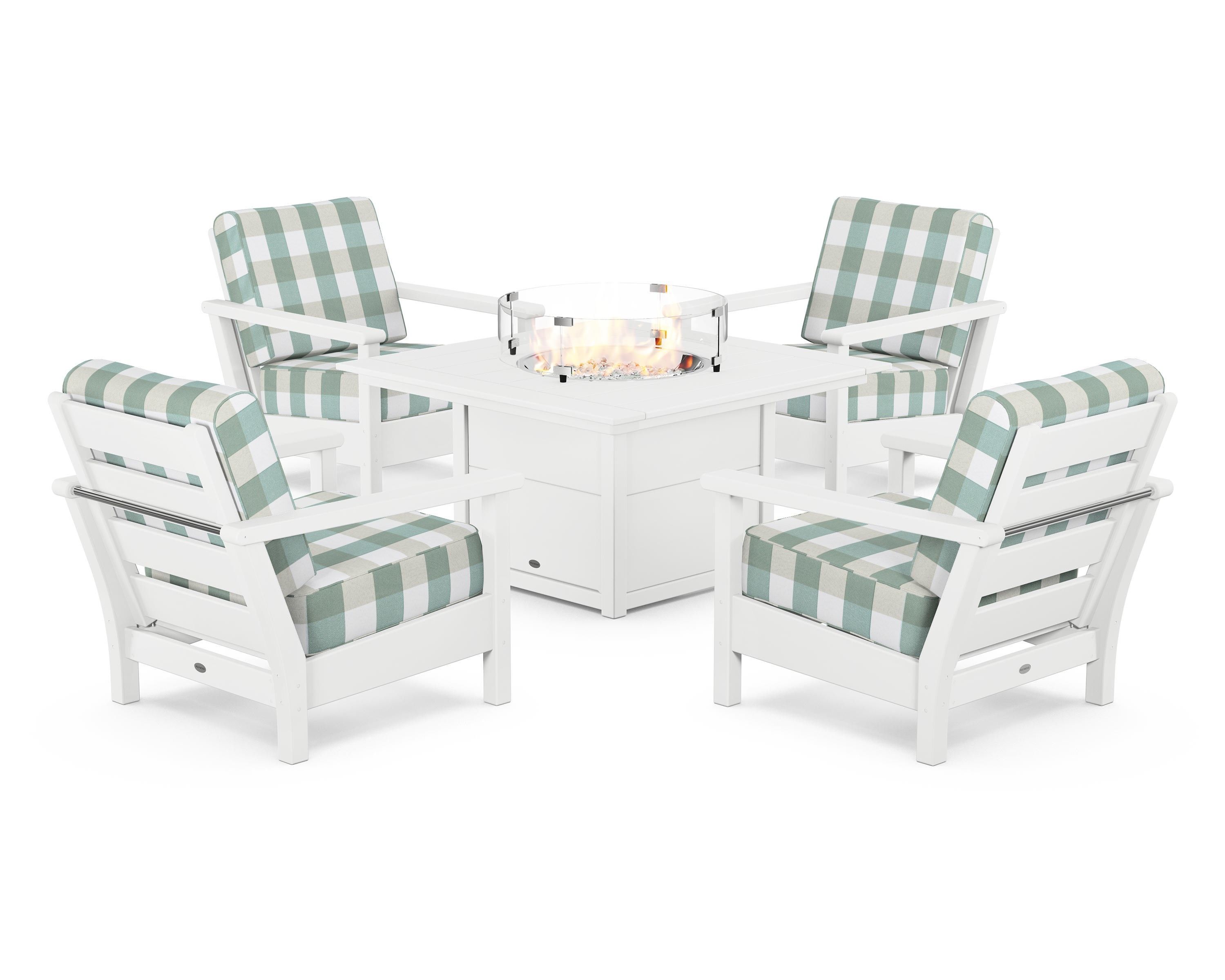 POLYWOOD® Harbour 5-Piece Conversation Set with Fire Pit Table in White / Buffalo Plaid Glacier Spa