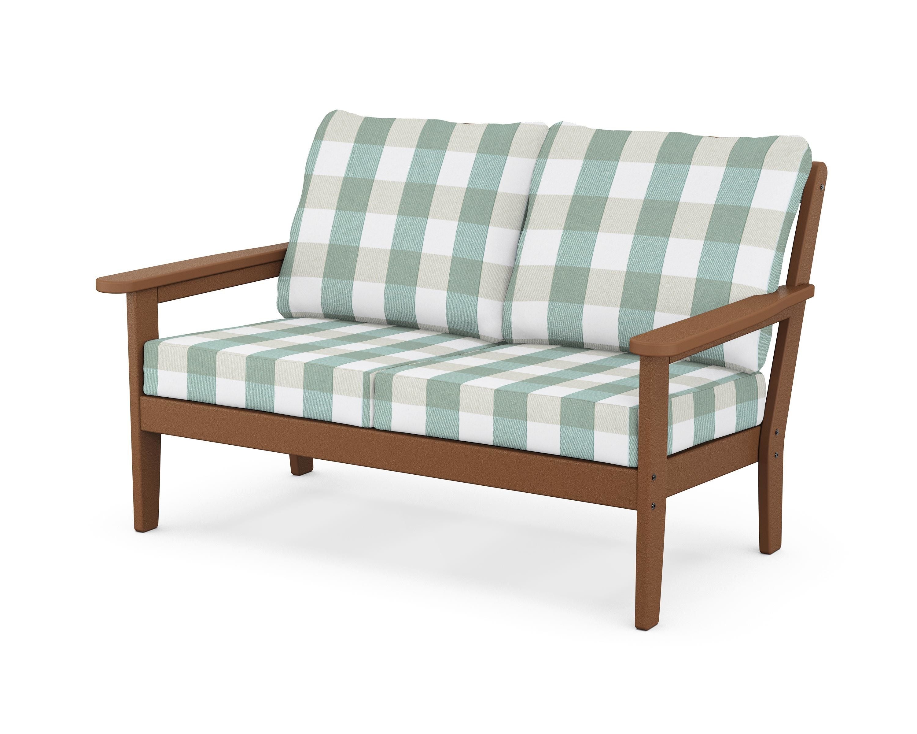 Country Living Cottage Deep Seating Loveseat in Teak / Buffalo Plaid Glacier Spa