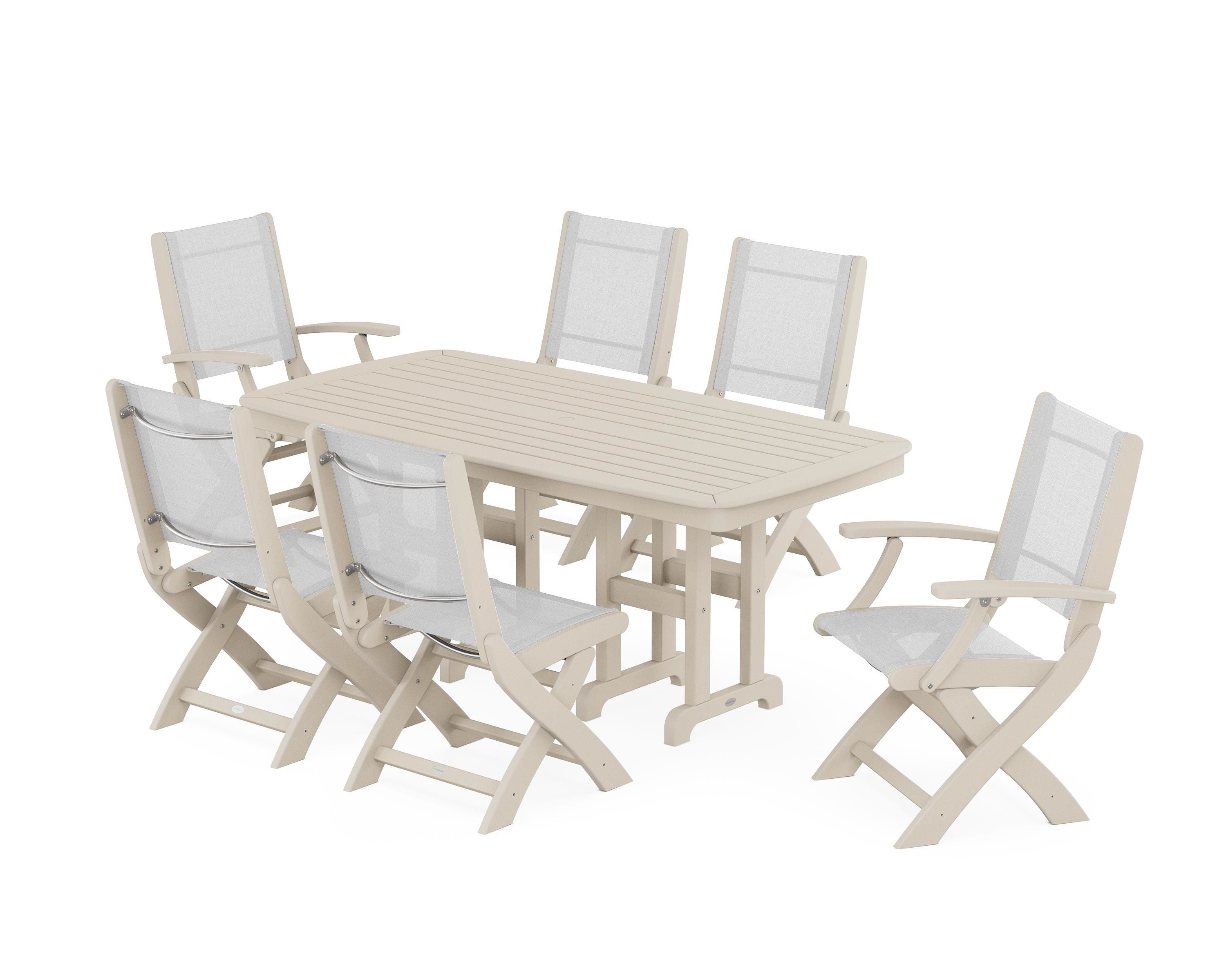 POLYWOOD® Coastal Folding Chair 7-Piece Dining Set in Sand / White Sling