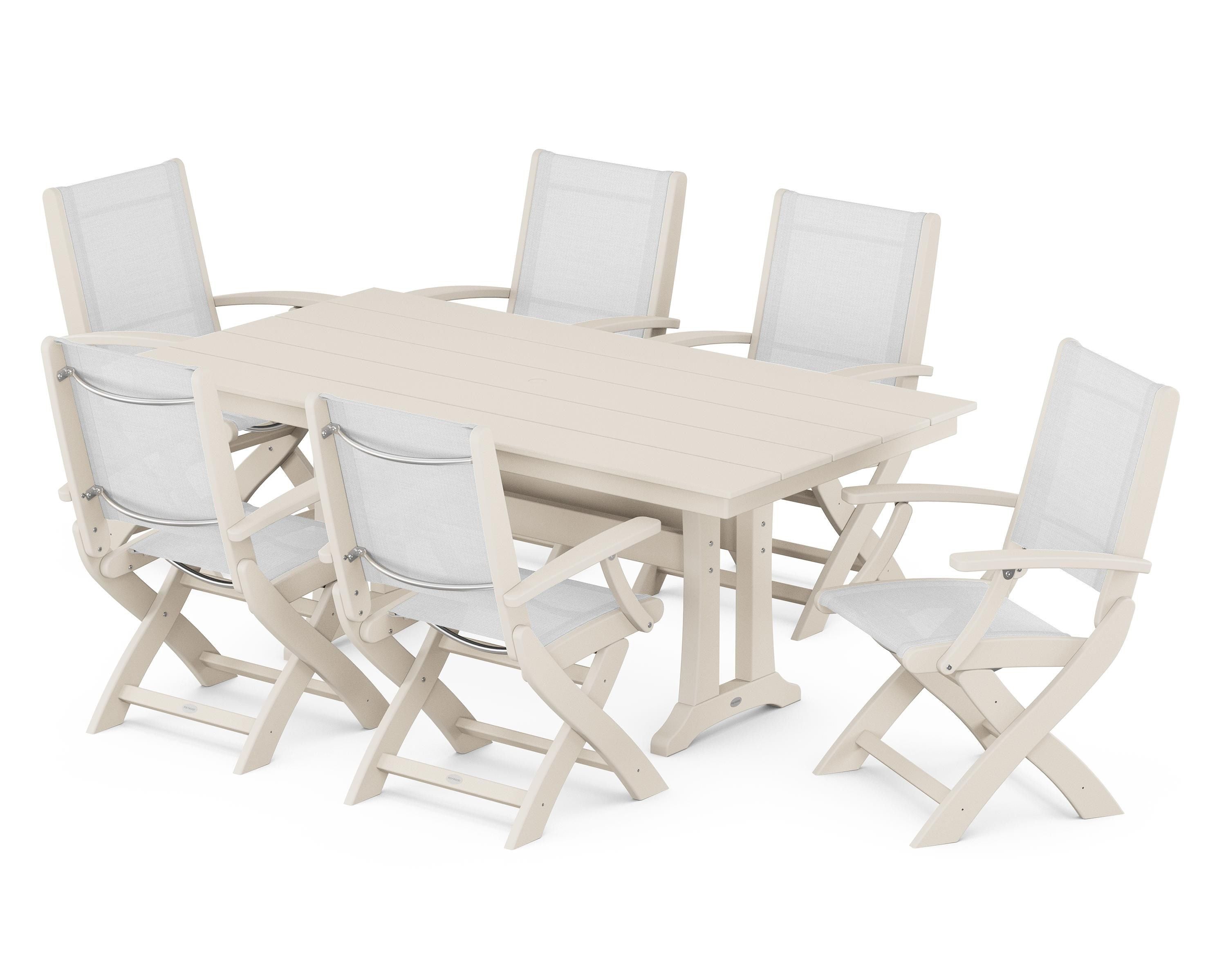 POLYWOOD® Coastal Folding Arm Chair 7-Piece Farmhouse Dining Set with Trestle Legs in Sand / White Sling
