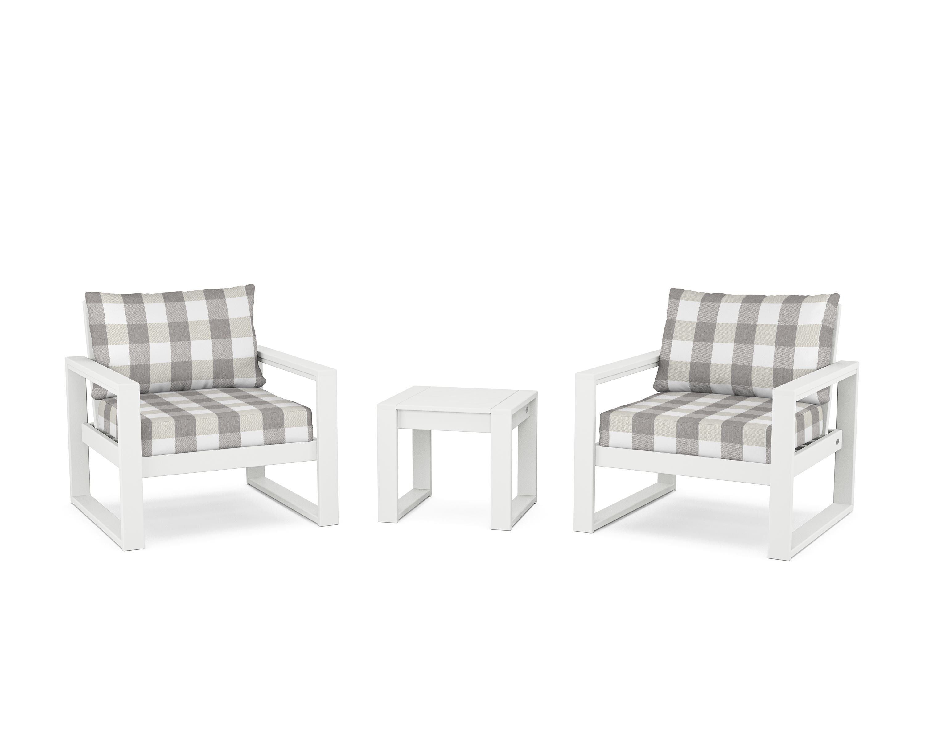 POLYWOOD® EDGE Sectional 3-Piece Deep Seating Set in White / Buffalo Plaid Grey Mist