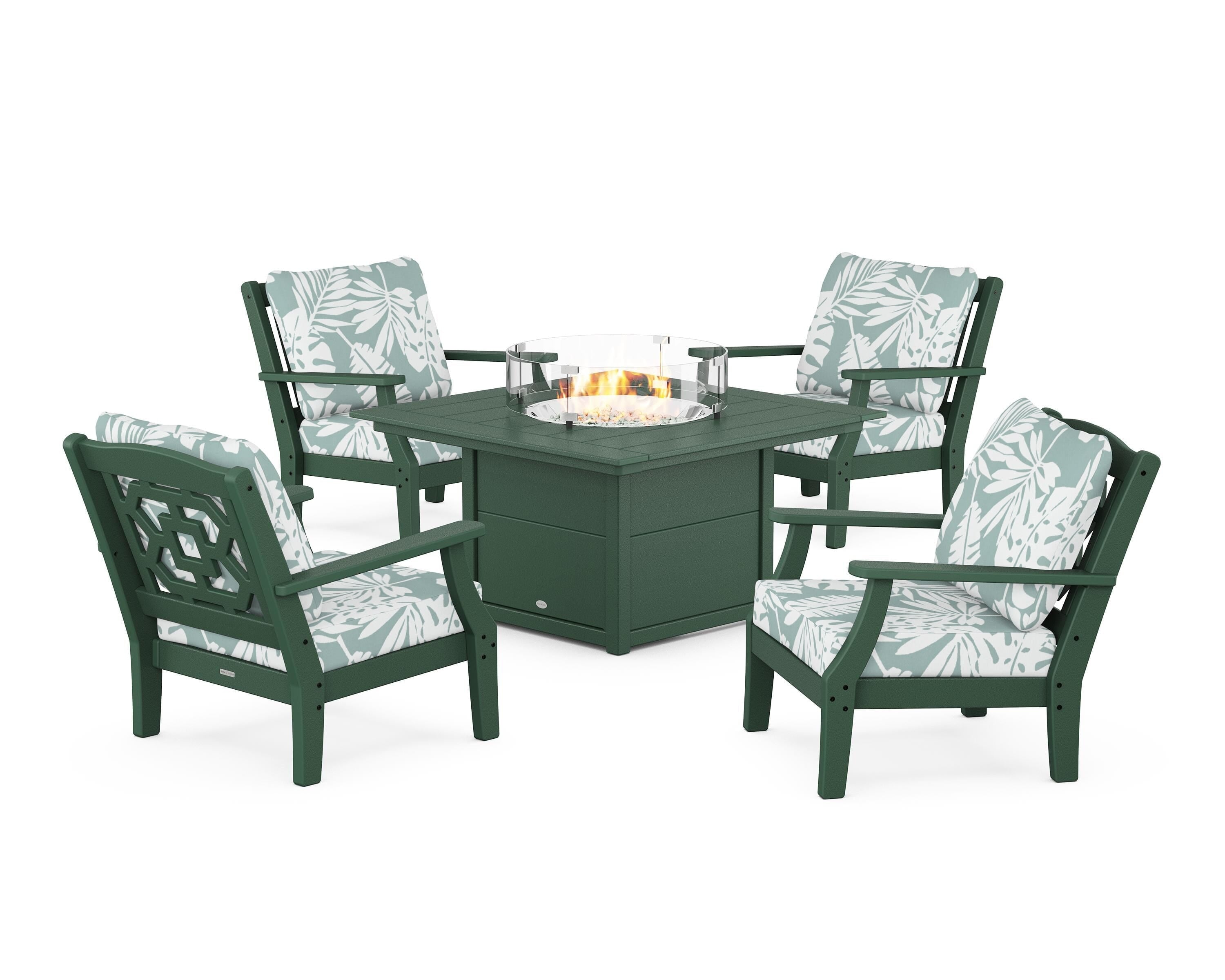 Martha Stewart by POLYWOOD® Chinoiserie 5-Piece Deep Seating Set with Fire Pit Table in Green / Leaf Glacier Spa