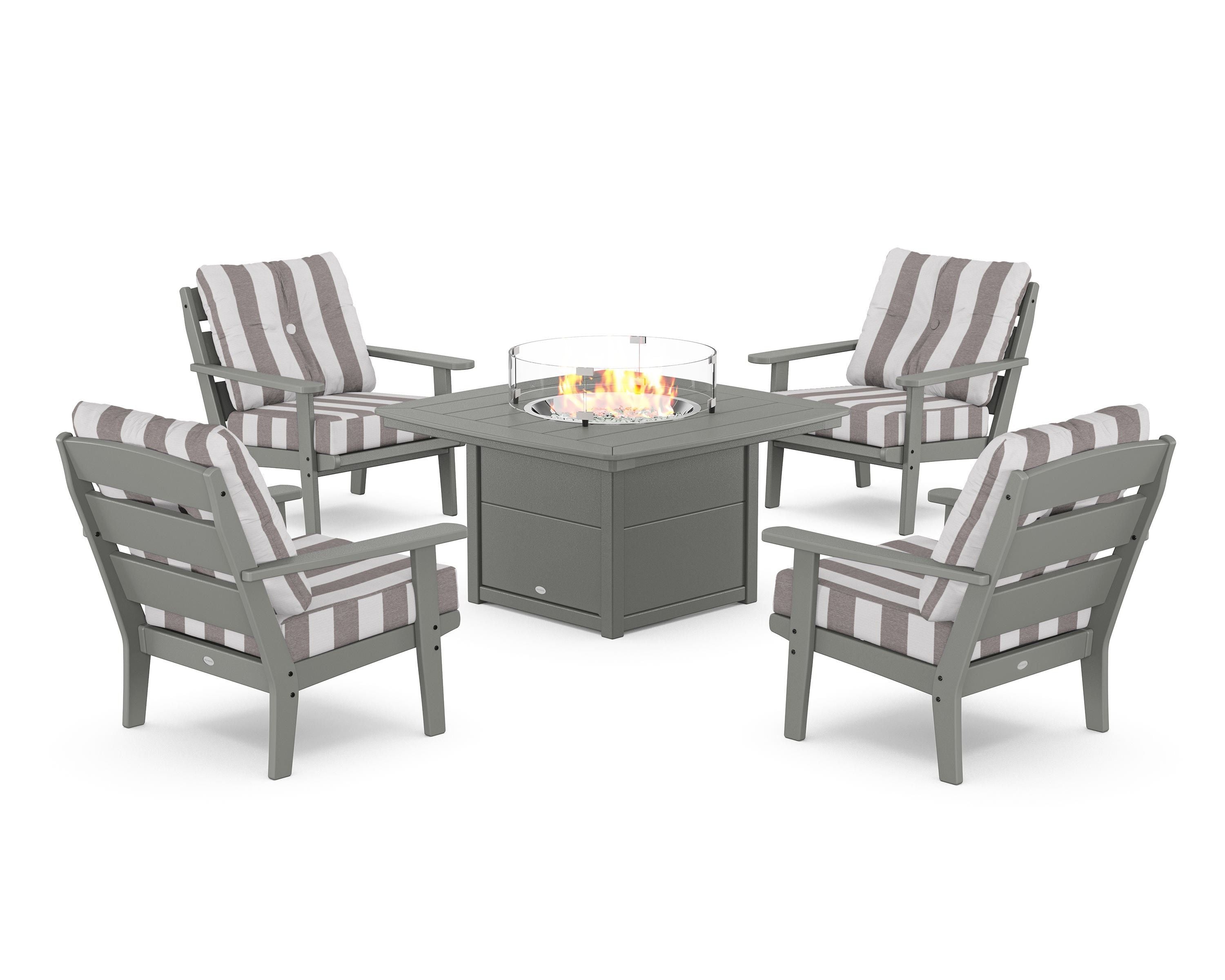 POLYWOOD® Lakeside 5-Piece Deep Seating Set with Nautical Fire Pit Table in Slate Grey / Cabana Stripe Grey Mist