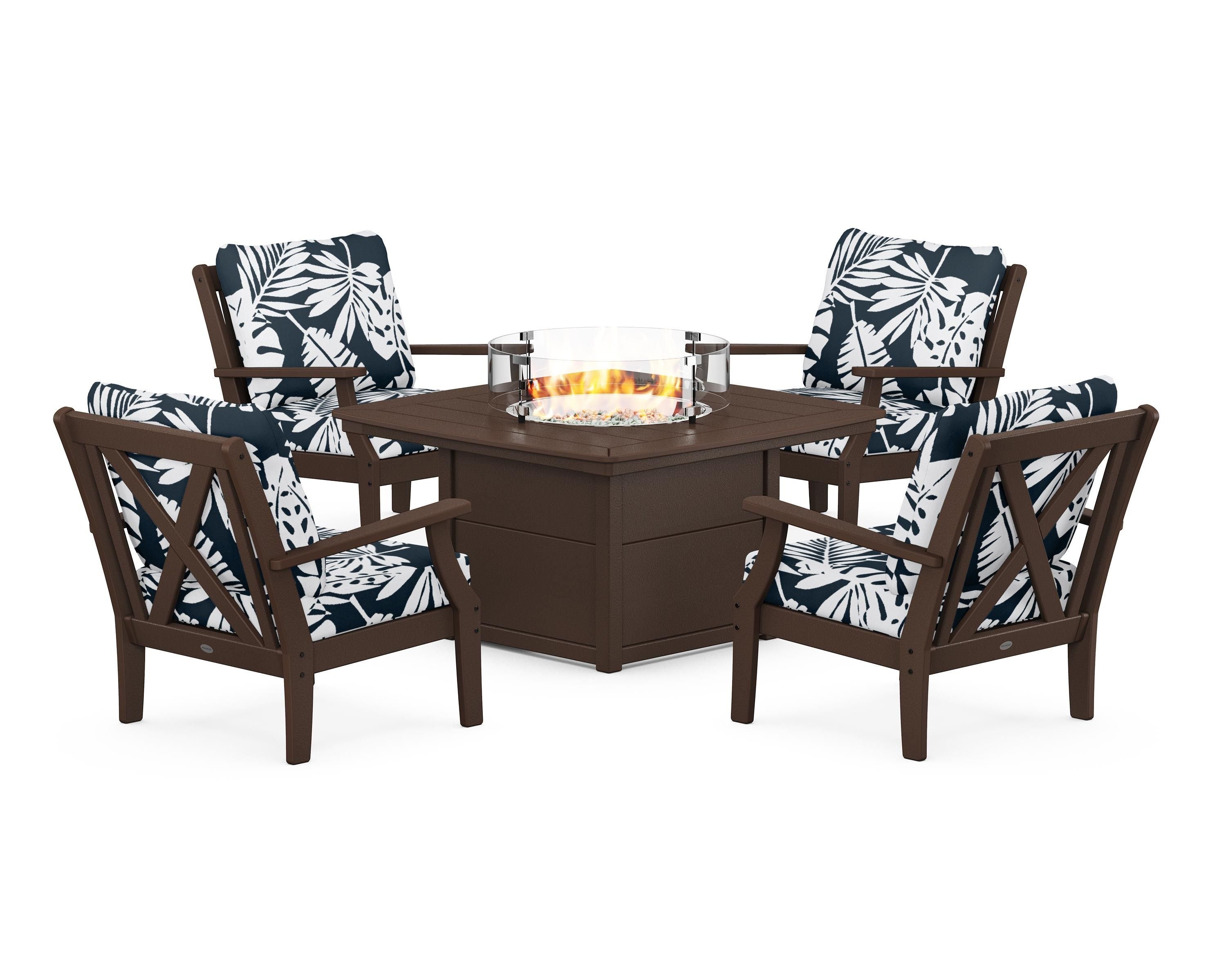 POLYWOOD® Braxton 5-Piece Deep Seating Conversation Set with Fire Pit Table in Mahogany / Leaf Marine Indigo