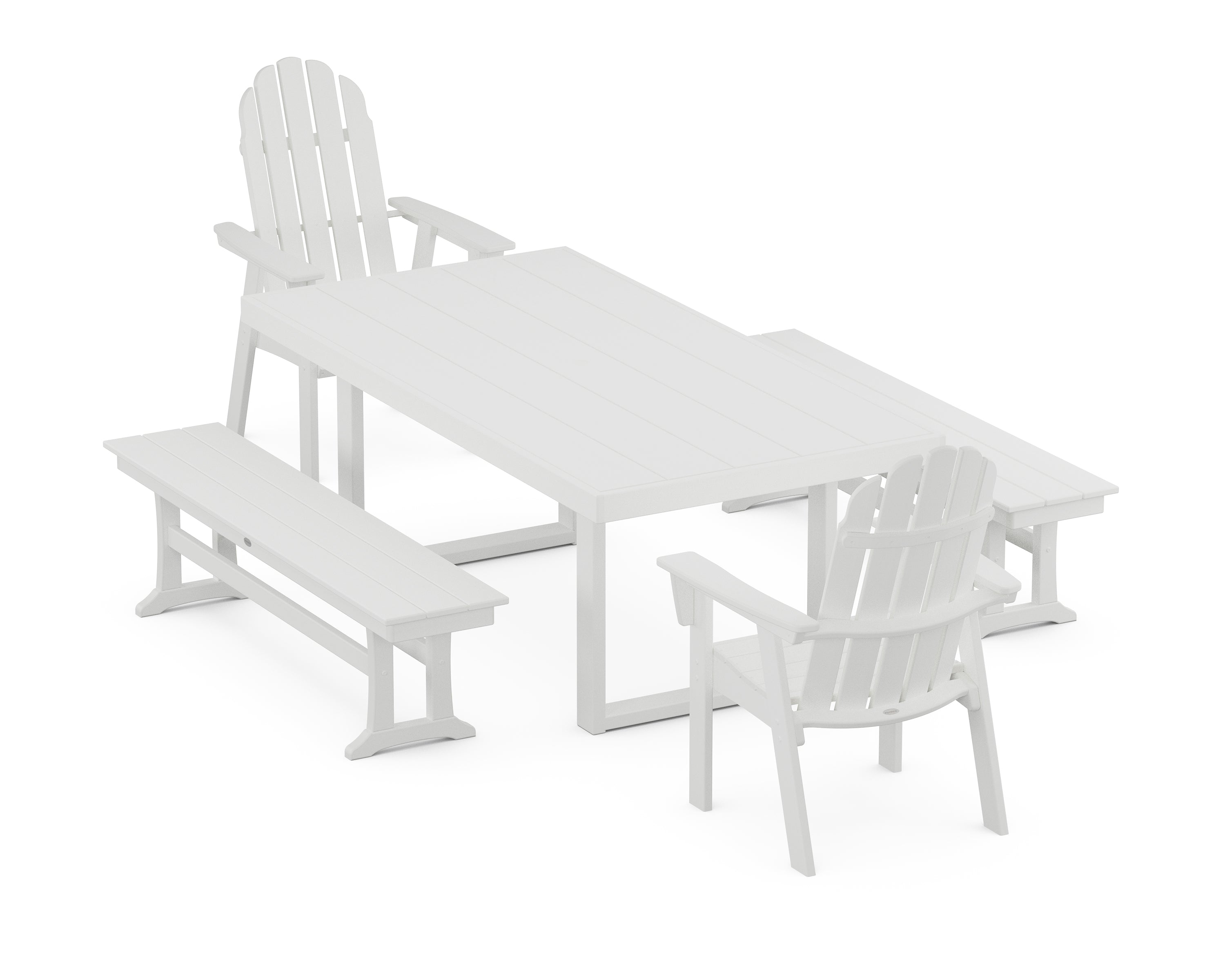 POLYWOOD® Vineyard Adirondack 5-Piece Dining Set with Benches in White