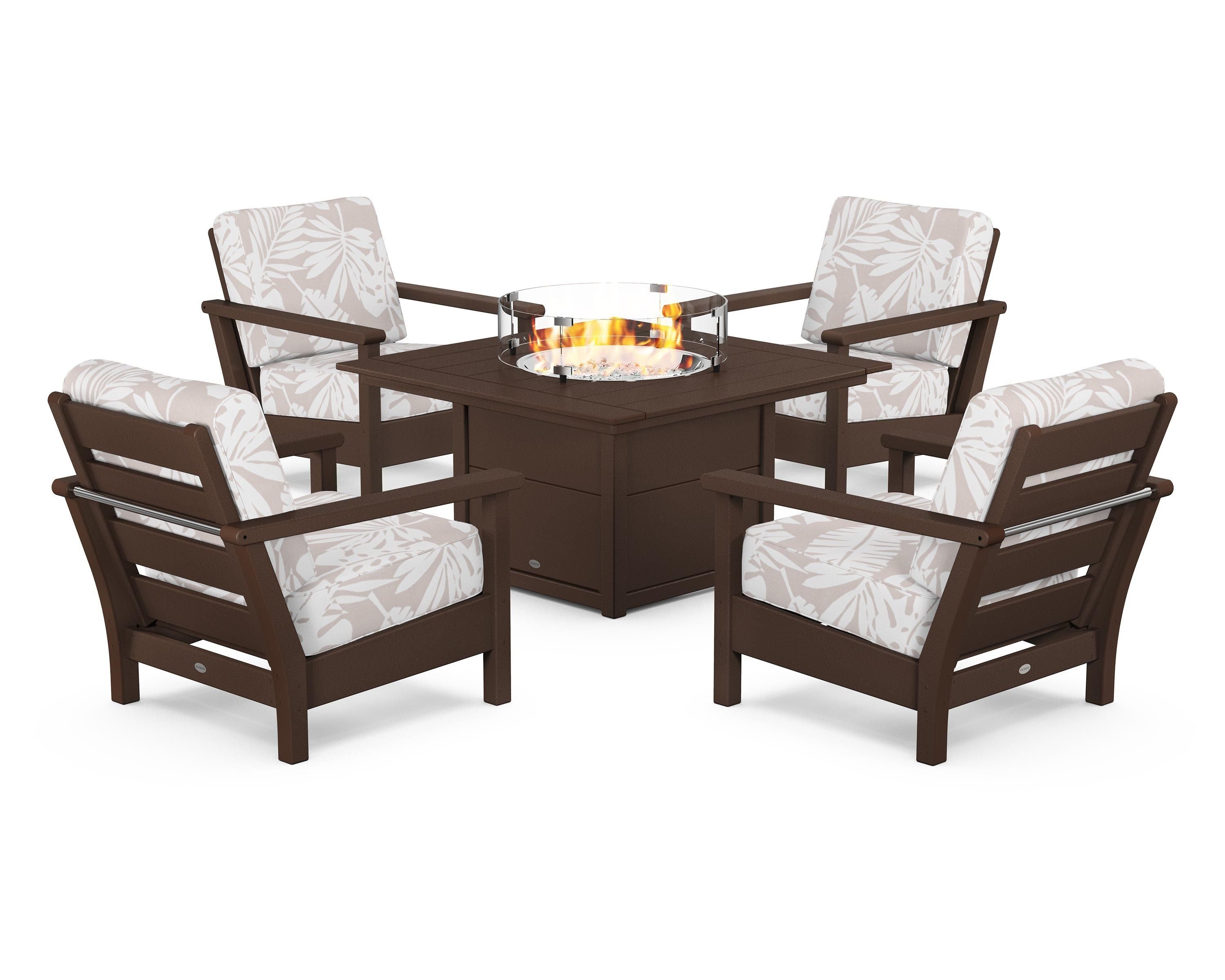 POLYWOOD® Harbour 5-Piece Conversation Set with Fire Pit Table in Mahogany / Leaf Dune Burlap