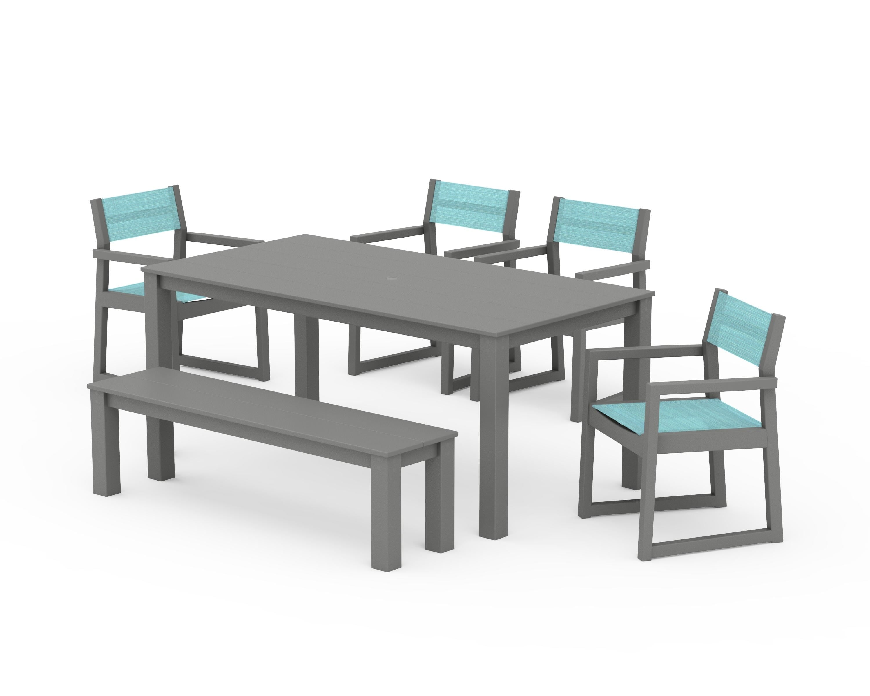 POLYWOOD® EDGE Sling Arm Chair 6-Piece Parsons Dining Set with Bench in Slate Grey / Dupioni Aquamarine Sling