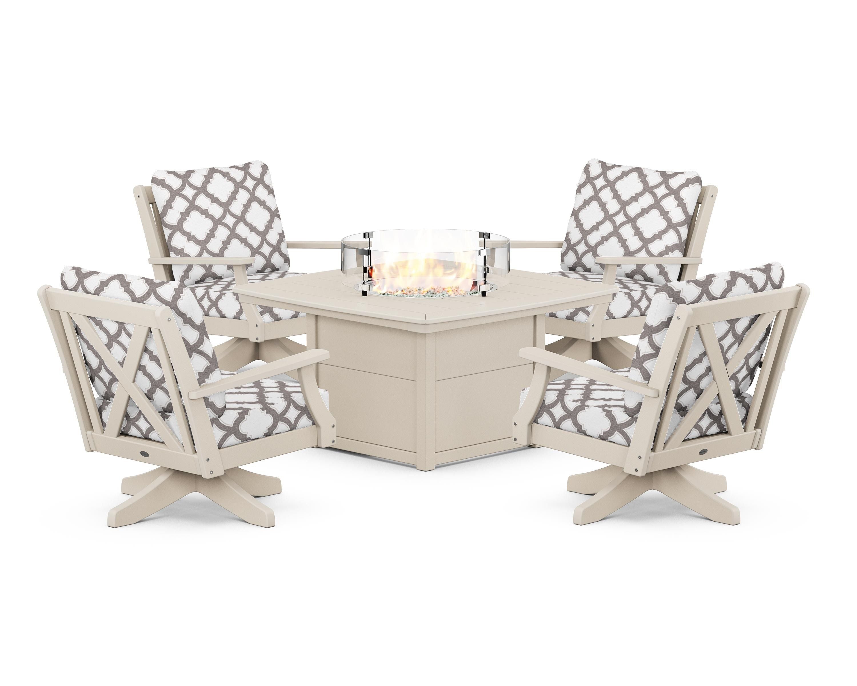 POLYWOOD® Braxton 5-Piece Deep Seating Swivel Conversation Set with Fire Pit Table in Sand / Trellis Grey Mist