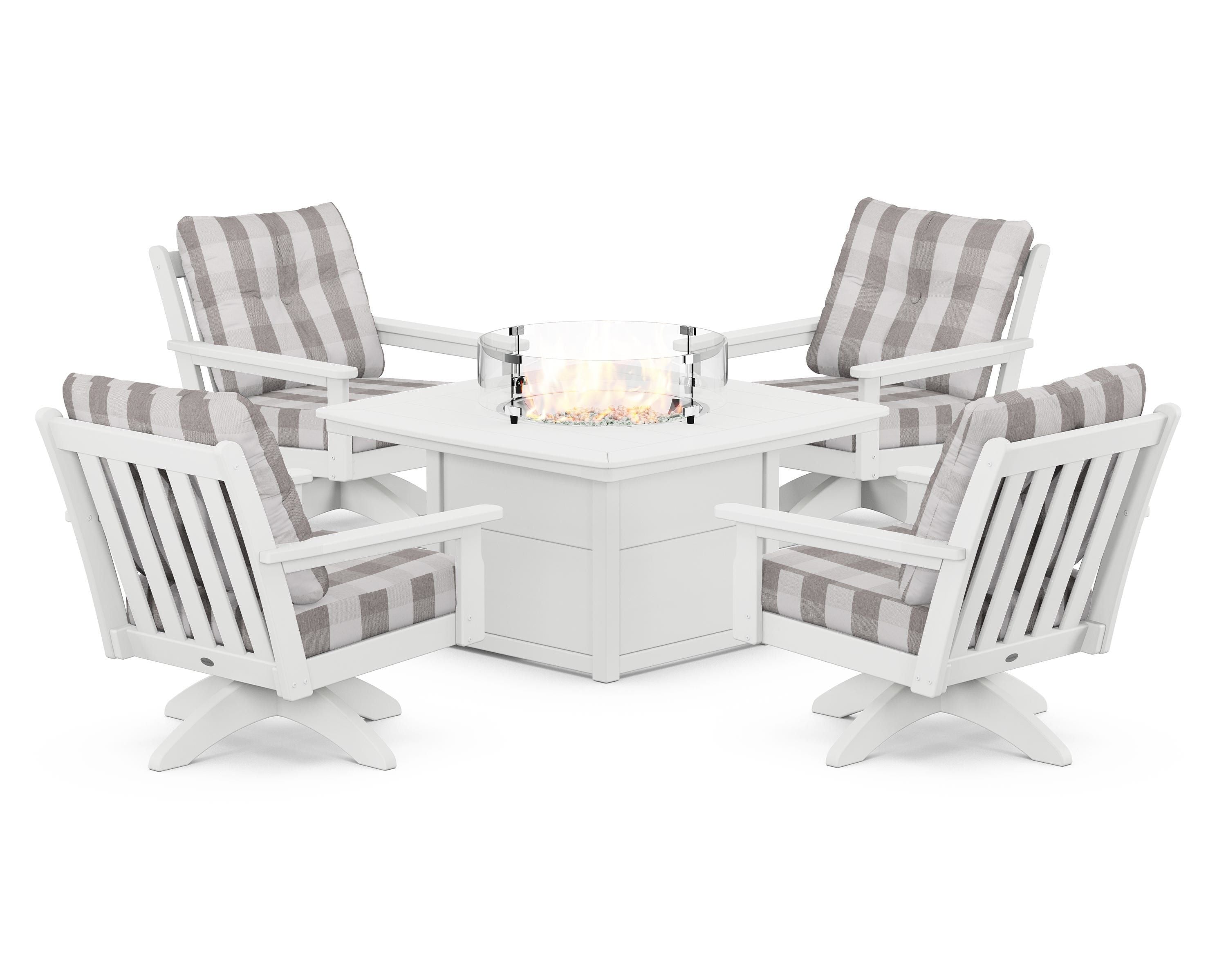 POLYWOOD® Vineyard 5-Piece Deep Seating Swivel Conversation Set with Fire Pit Table in White / Buffalo Plaid Grey Mist