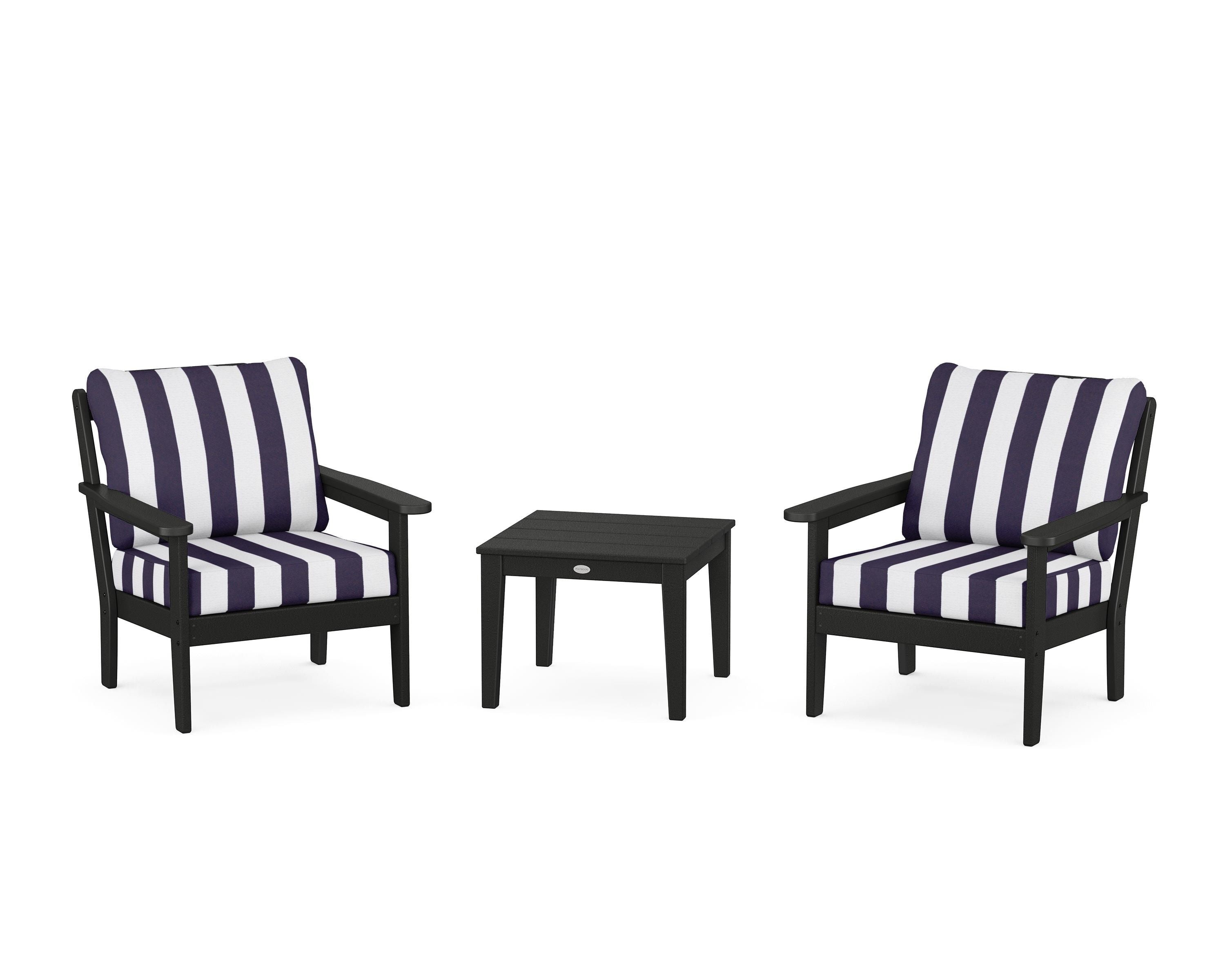Country Living Cottage 3-Piece Deep Seating Set in Black / Cabana Stripe Navy