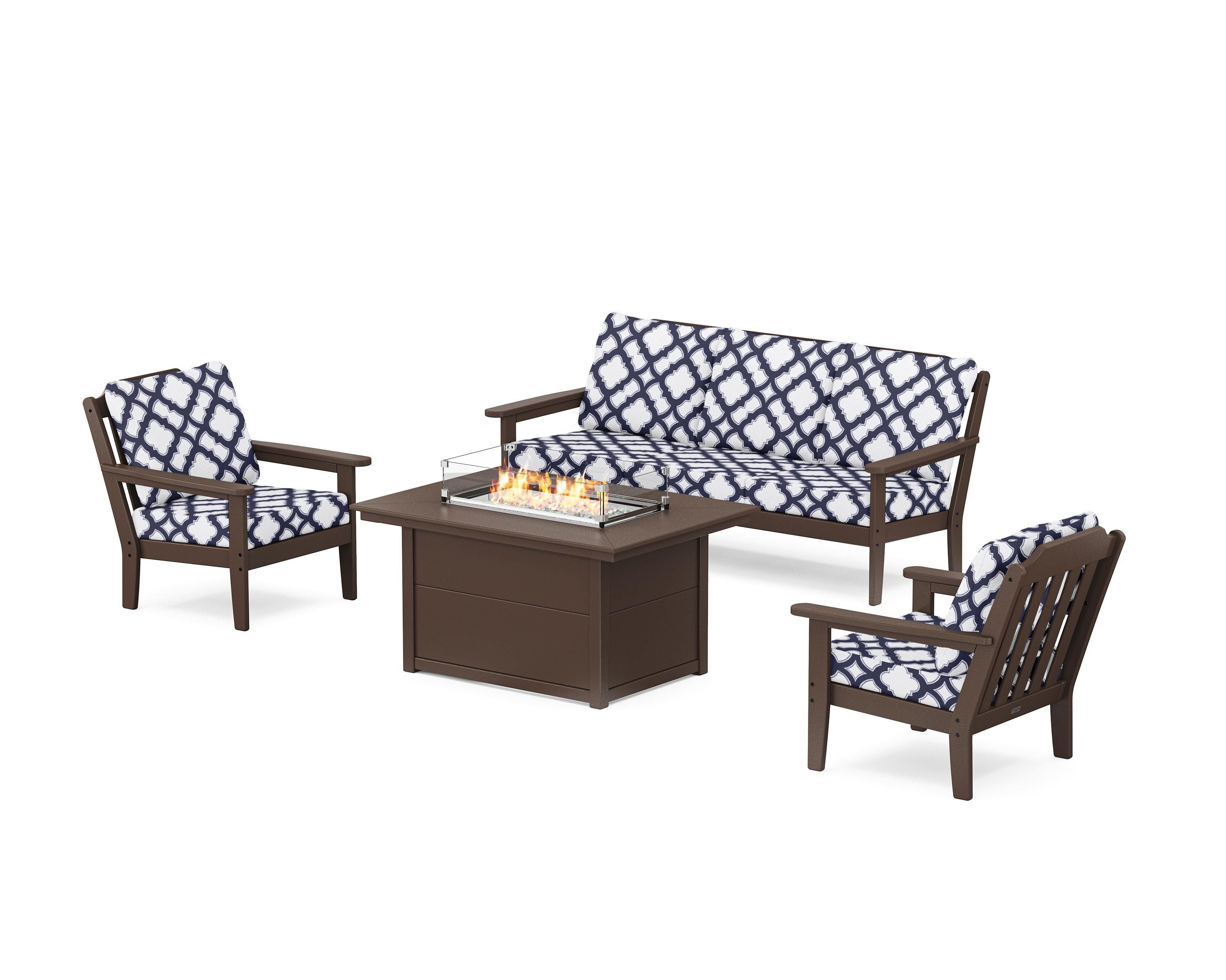 Country Living Cottage Deep Seating Fire Pit Table Set in Mahogany / Trellis Navy