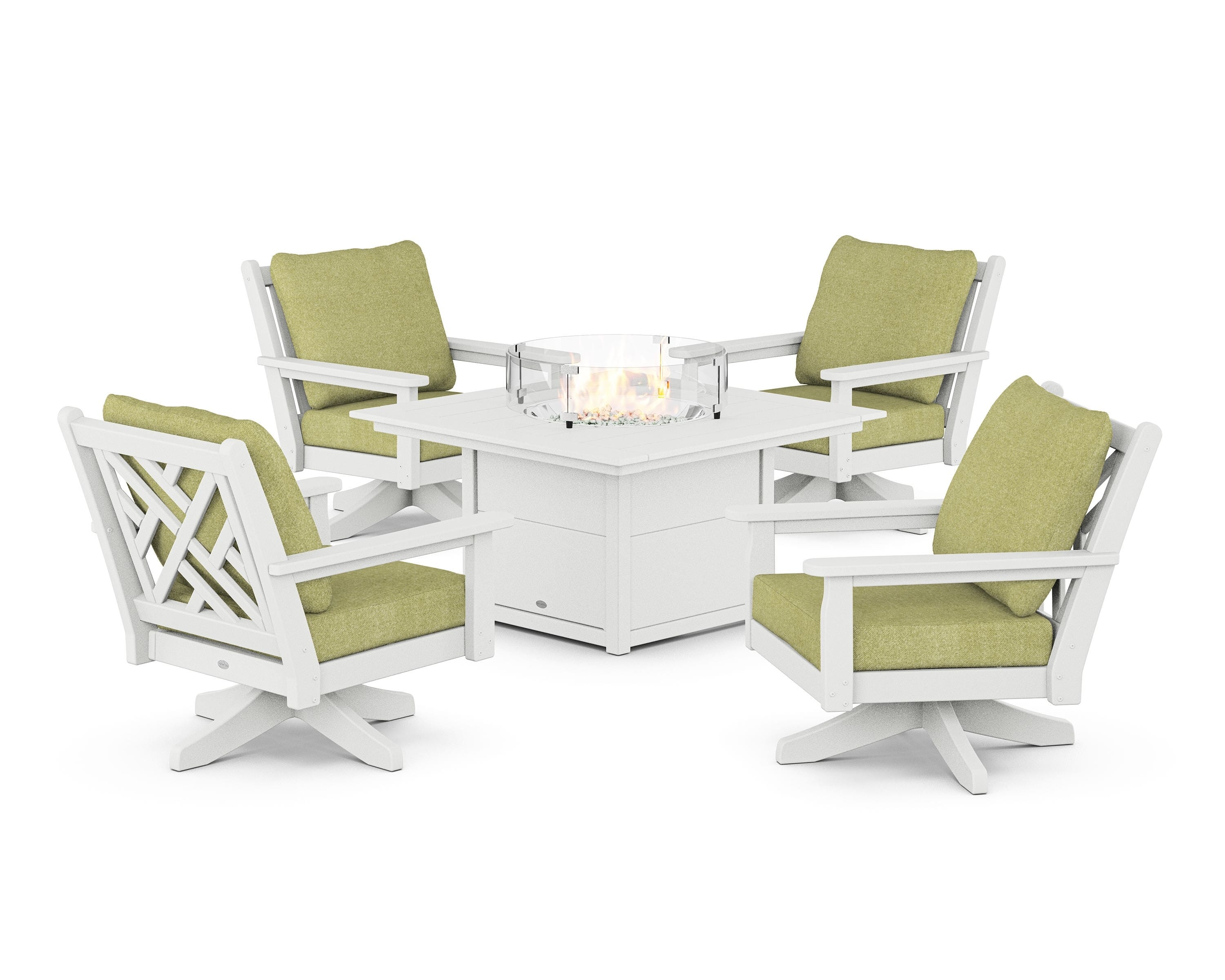 POLYWOOD® Chippendale 5-Piece Deep Seating Swivel Conversation Set with Fire Pit Table in White / Chartreuse Boucle