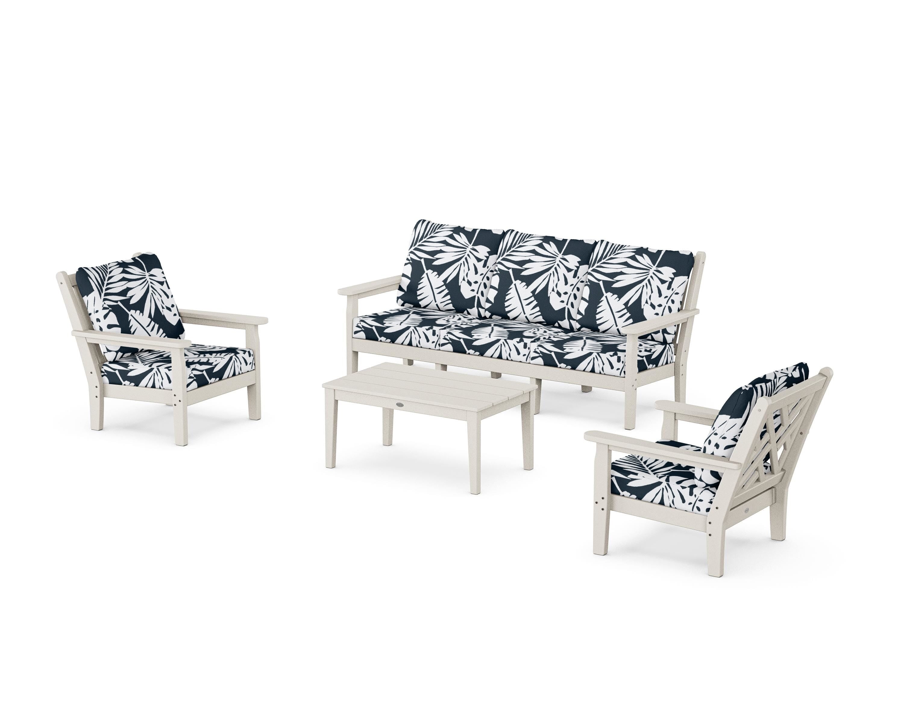 POLYWOOD® Chippendale 4-Piece Deep Seating Set with Sofa in Sand / Leaf Marine Indigo