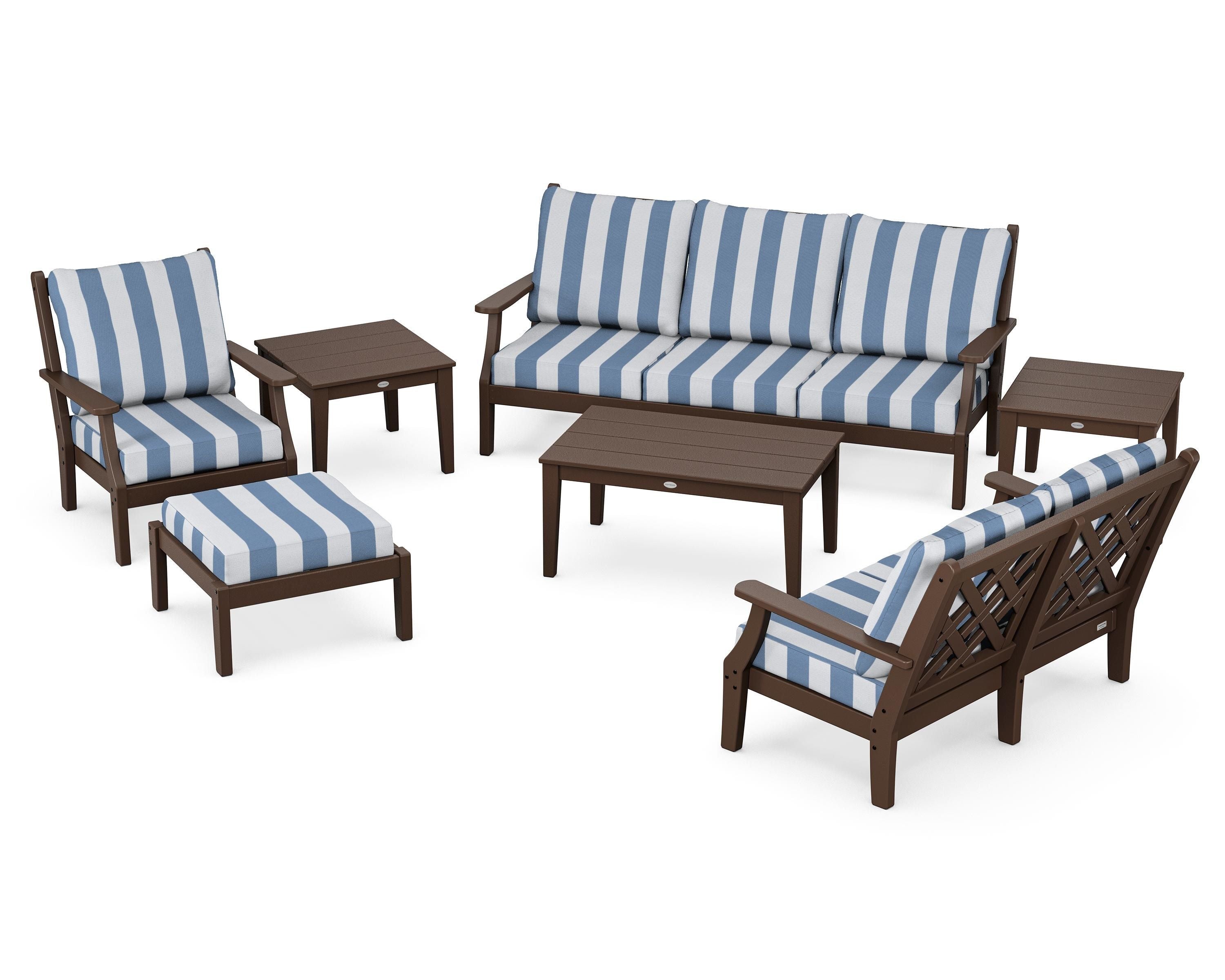 Country Living Wovendale 7-Piece Deep Seating Set in Mahogany / Cabana Stripe Sky Blue
