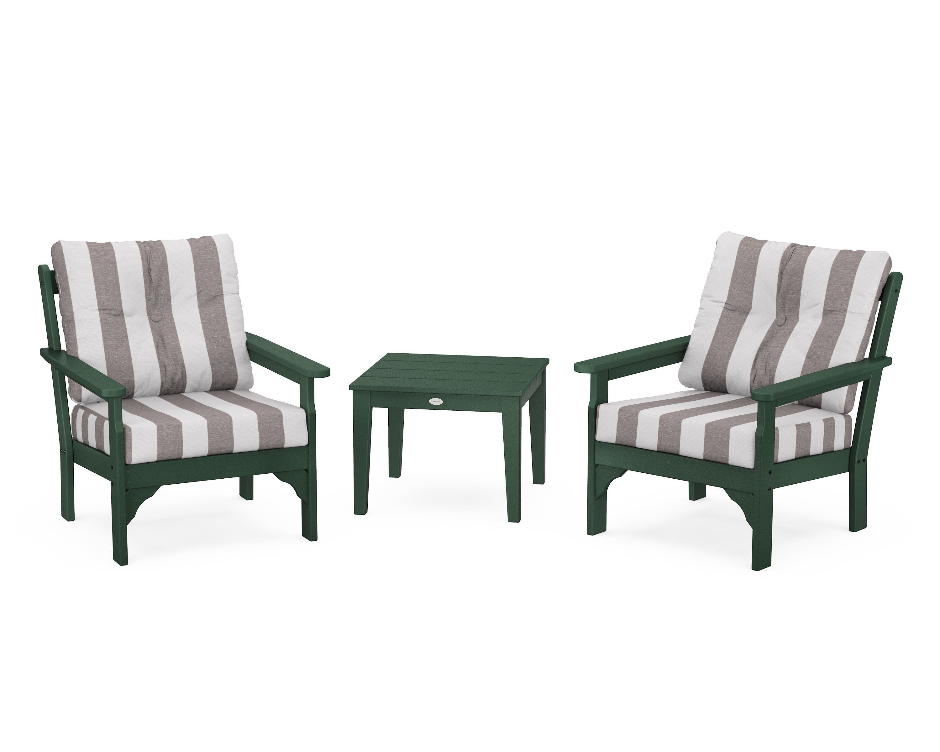 POLYWOOD® Vineyard 3-Piece Deep Seating Set in Green / Cabana Stripe Grey Mist