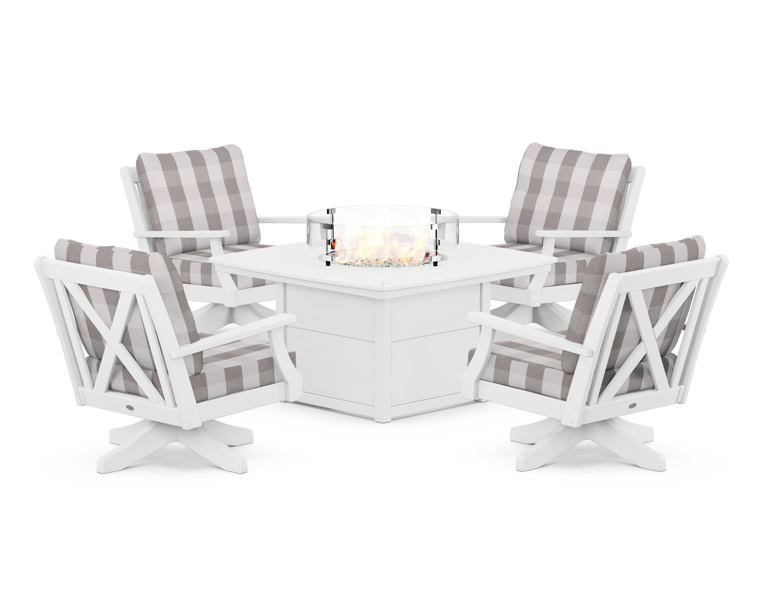 POLYWOOD® Braxton 5-Piece Deep Seating Swivel Conversation Set with Fire Pit Table in White / Buffalo Plaid Grey Mist