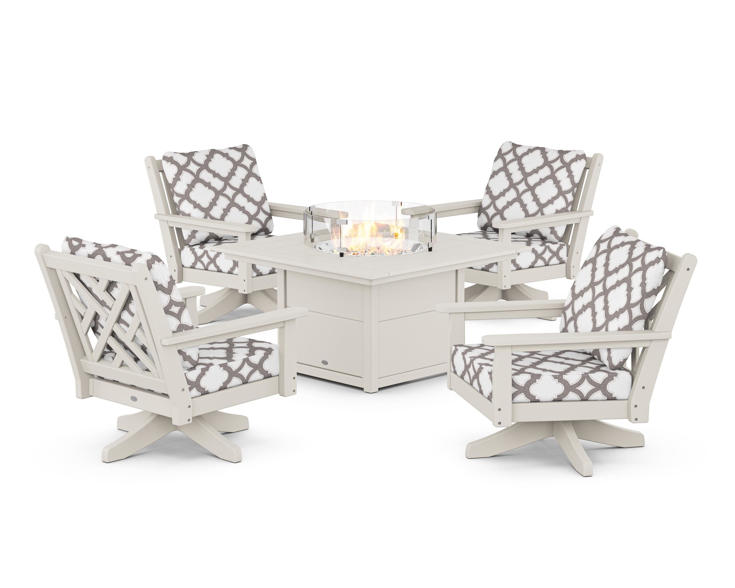 POLYWOOD® Chippendale 5-Piece Deep Seating Swivel Conversation Set with Fire Pit Table in Sand / Trellis Grey Mist
