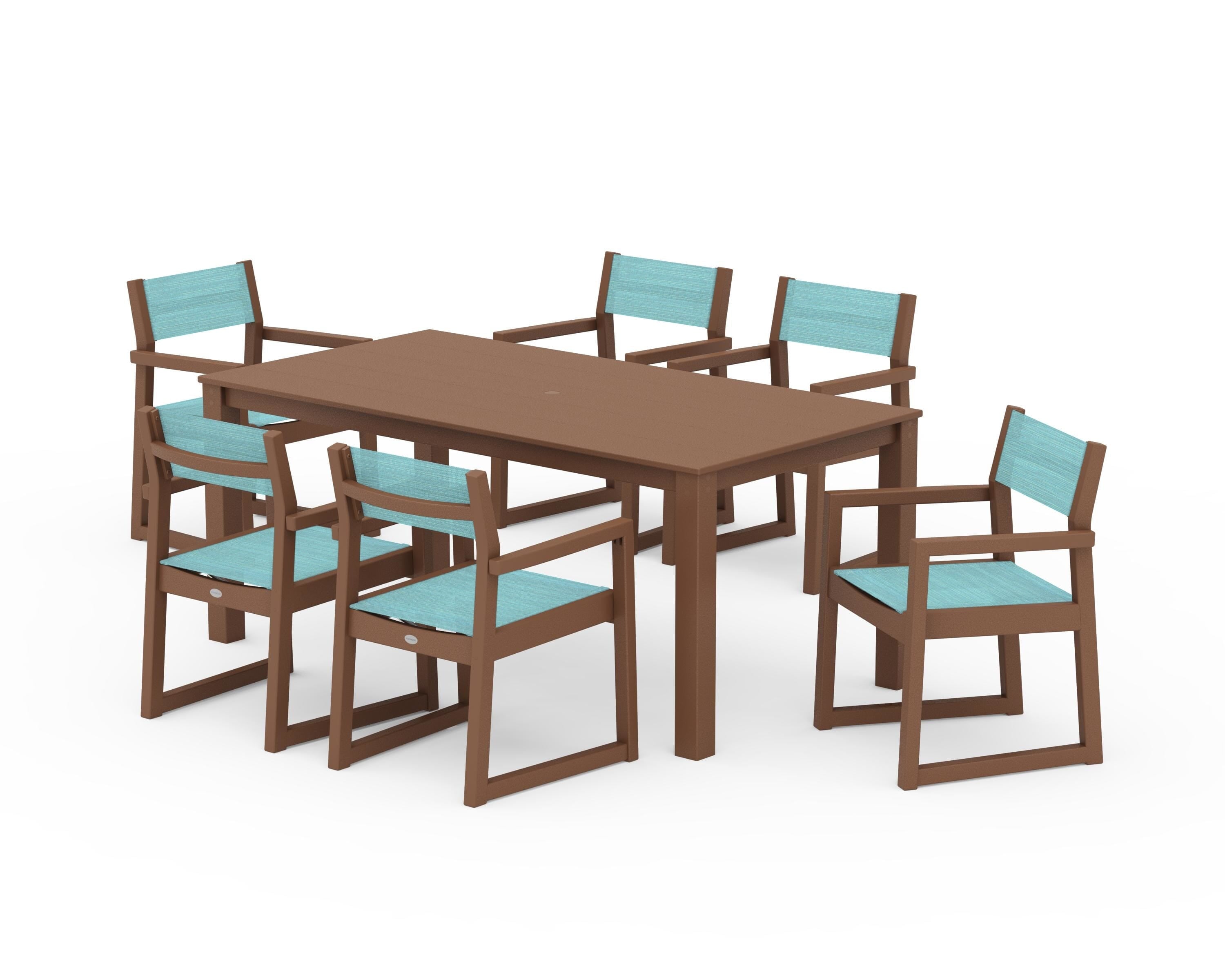 POLYWOOD® EDGE Sling Arm Chair 7-Piece Parsons Dining Set in Teak / Dupioni Aquamarine Sling