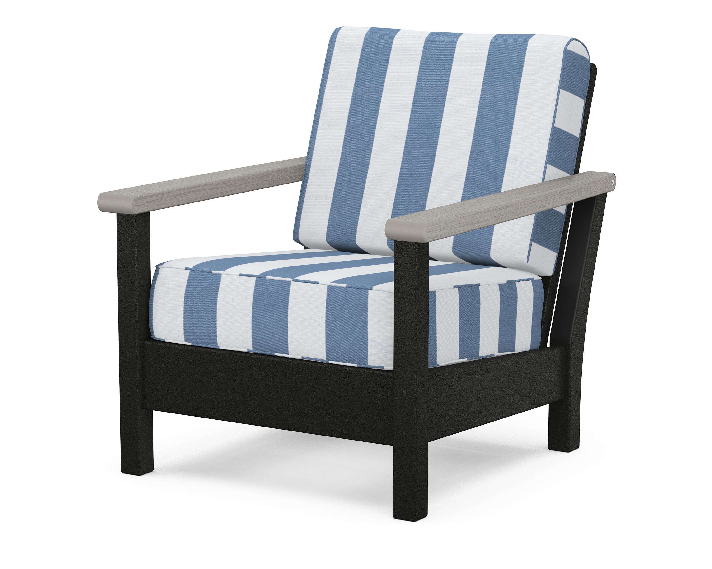 POLYWOOD® Harbour Deep Seating Chair in Black / Driftwood / Cabana Stripe Sky Blue