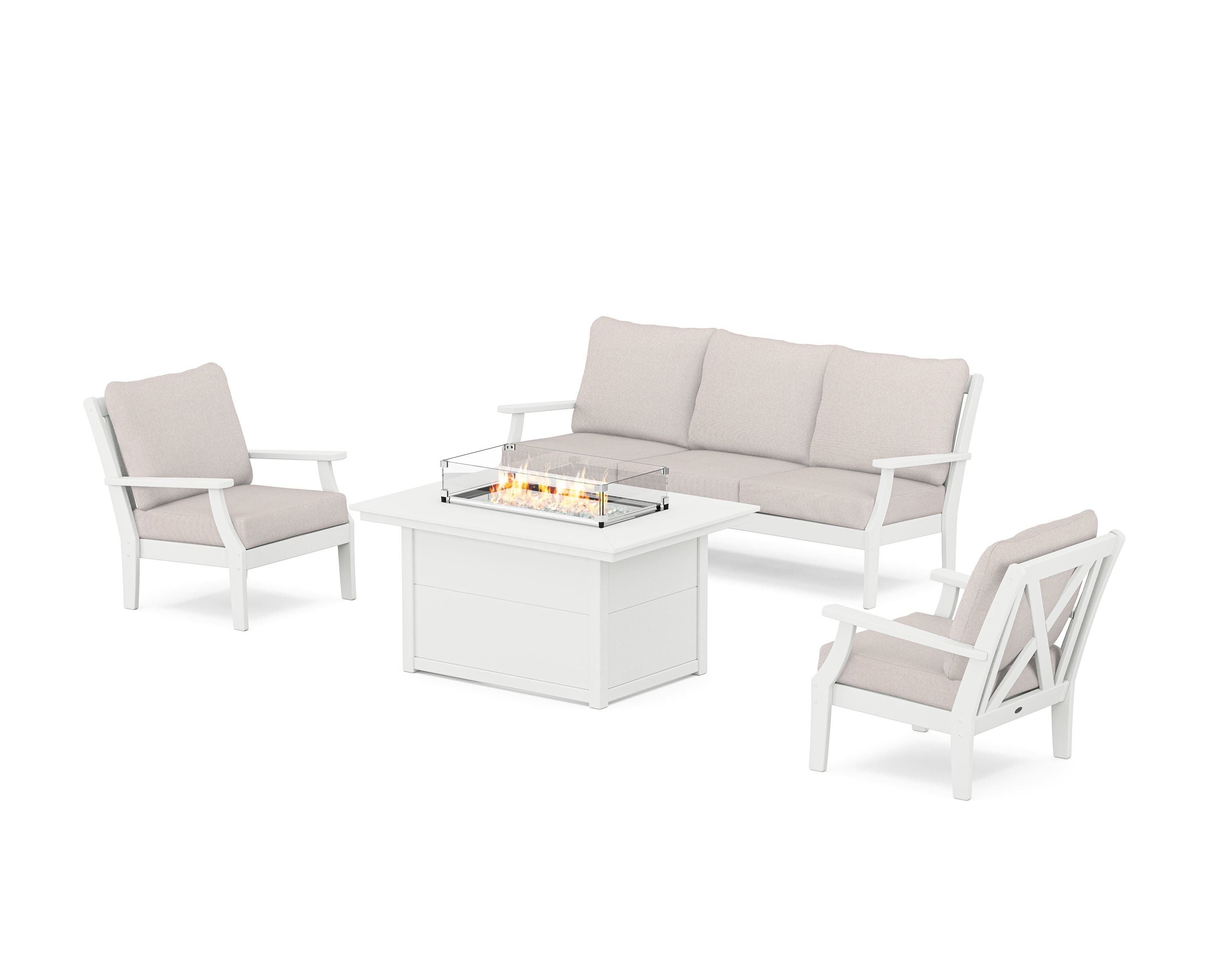 POLYWOOD® Braxton Deep Seating Fire Pit Table Set in White / Dune Burlap