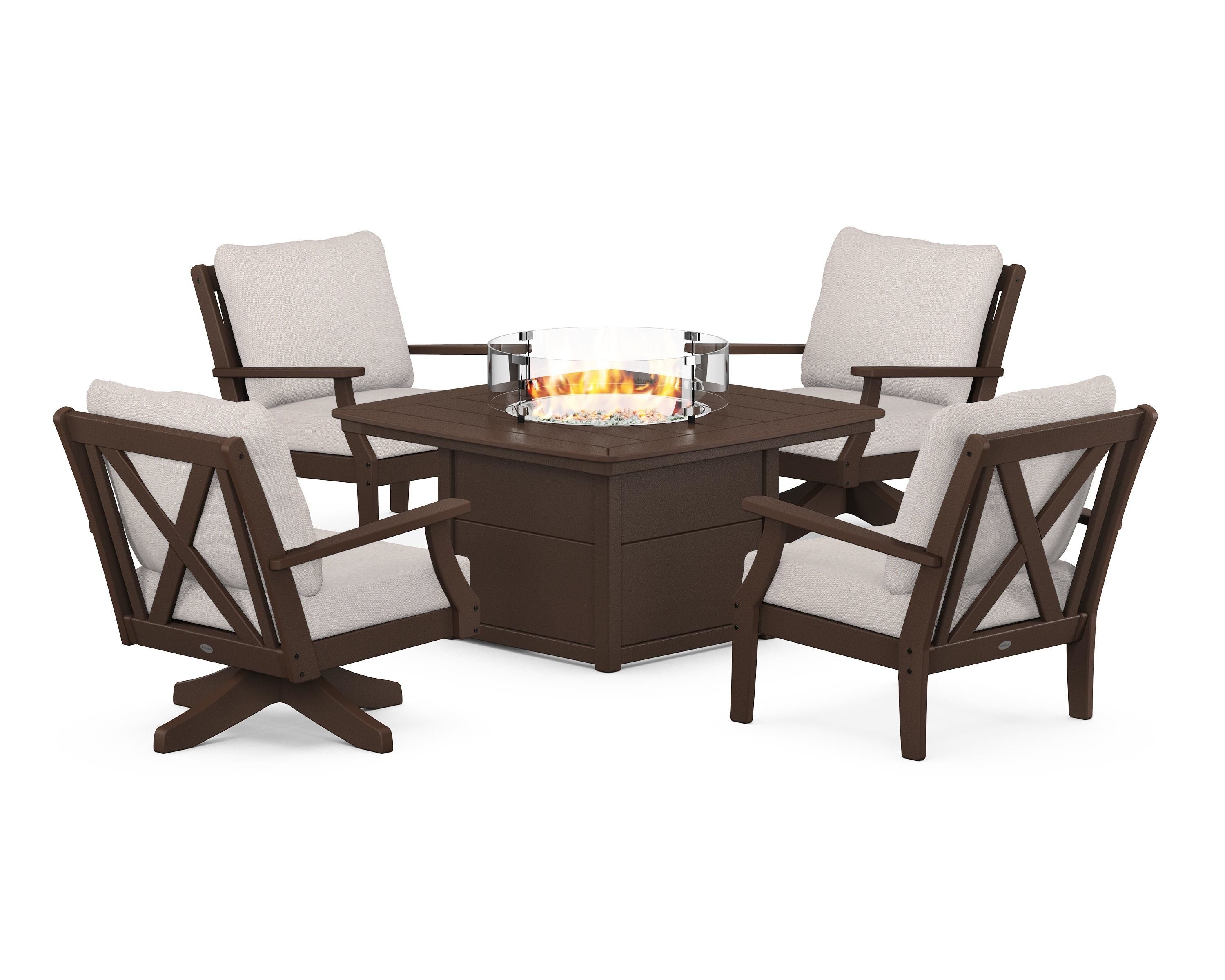POLYWOOD® Braxton 5-Piece Deep Seating Set with Fire Table in Mahogany / Dune Burlap
