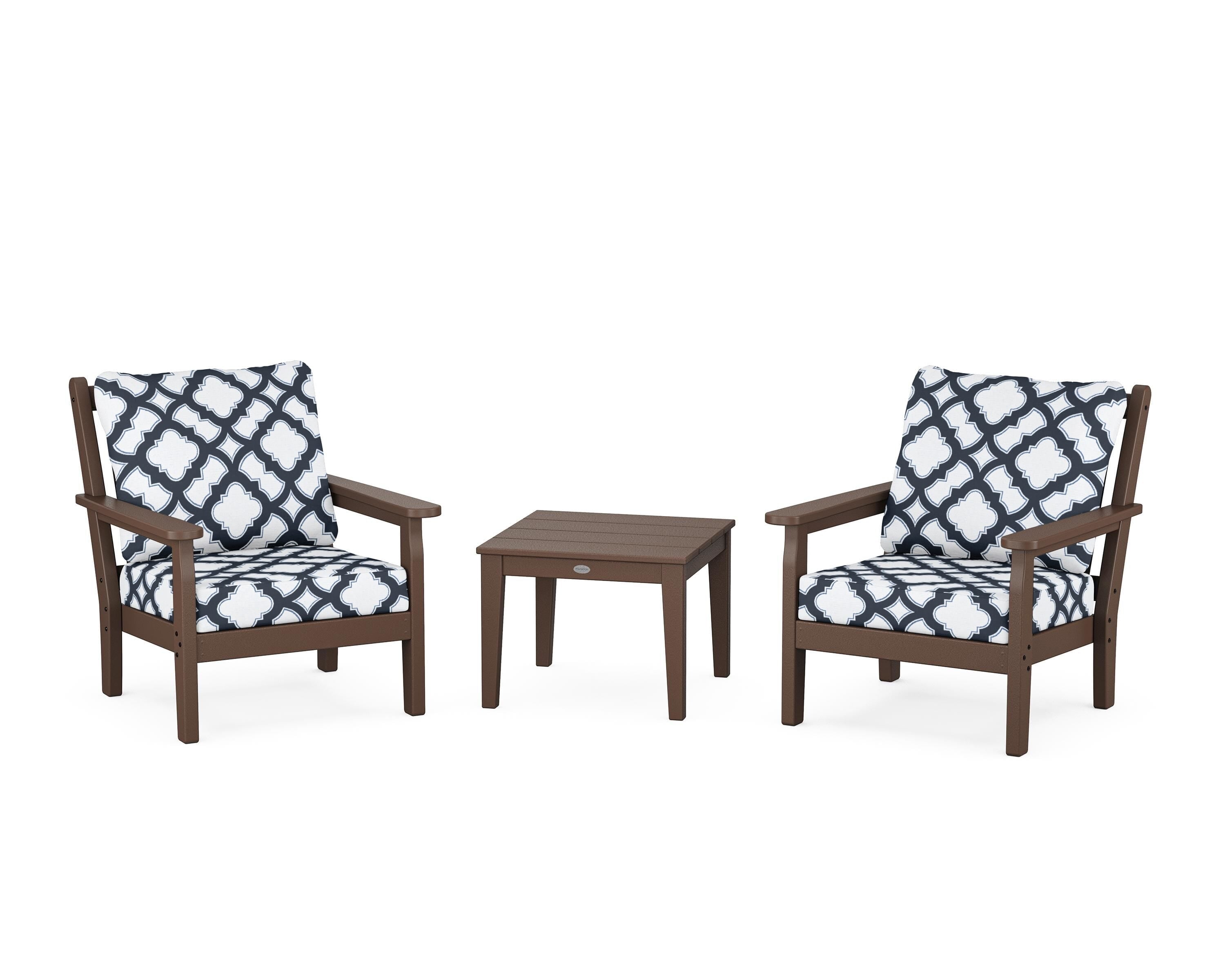 POLYWOOD® Chippendale 3-Piece Deep Seating Set in Mahogany / Trellis Marine Indigo