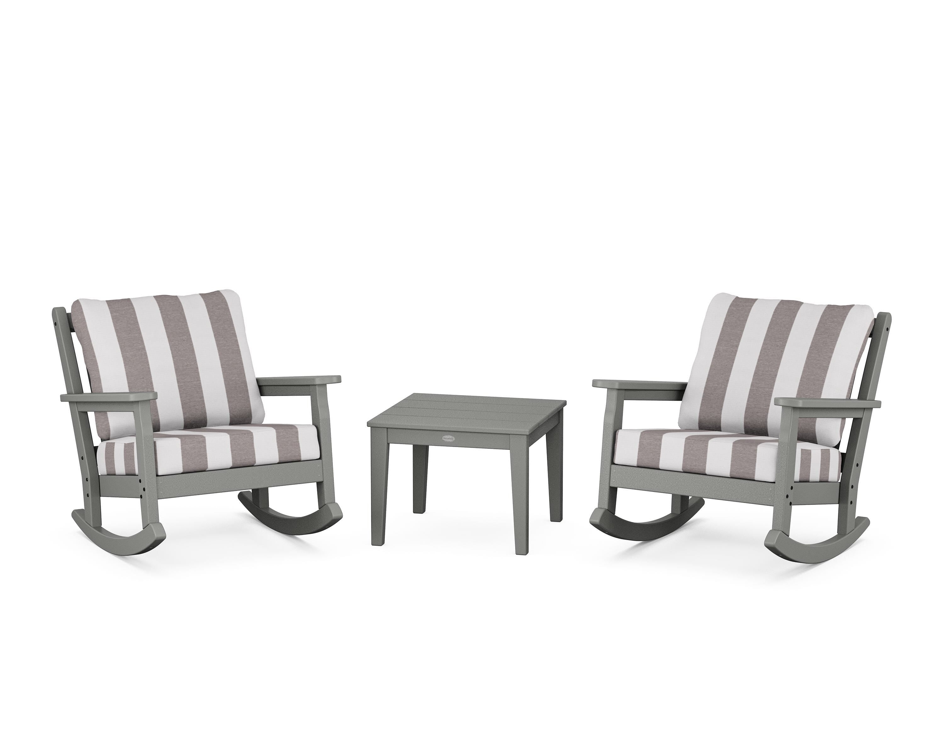 POLYWOOD® Chippendale 3-Piece Deep Seating Rocker Set in Slate Grey / Cabana Stripe Grey Mist