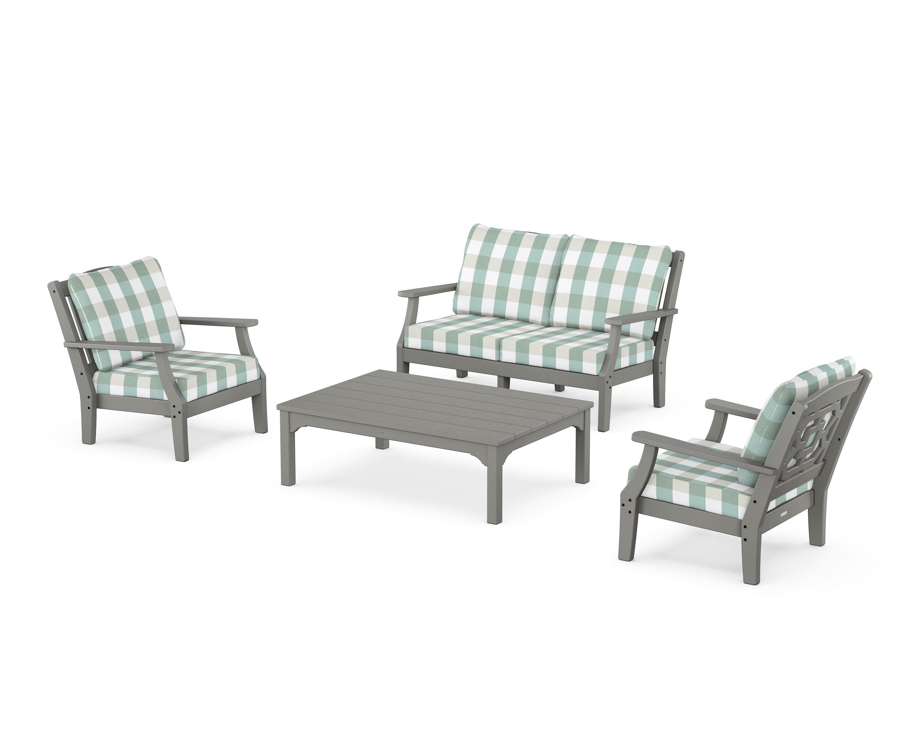 Martha Stewart by POLYWOOD® Chinoiserie 4-Piece Deep Seating Set with Loveseat in Slate Grey / Buffalo Plaid Glacier Spa
