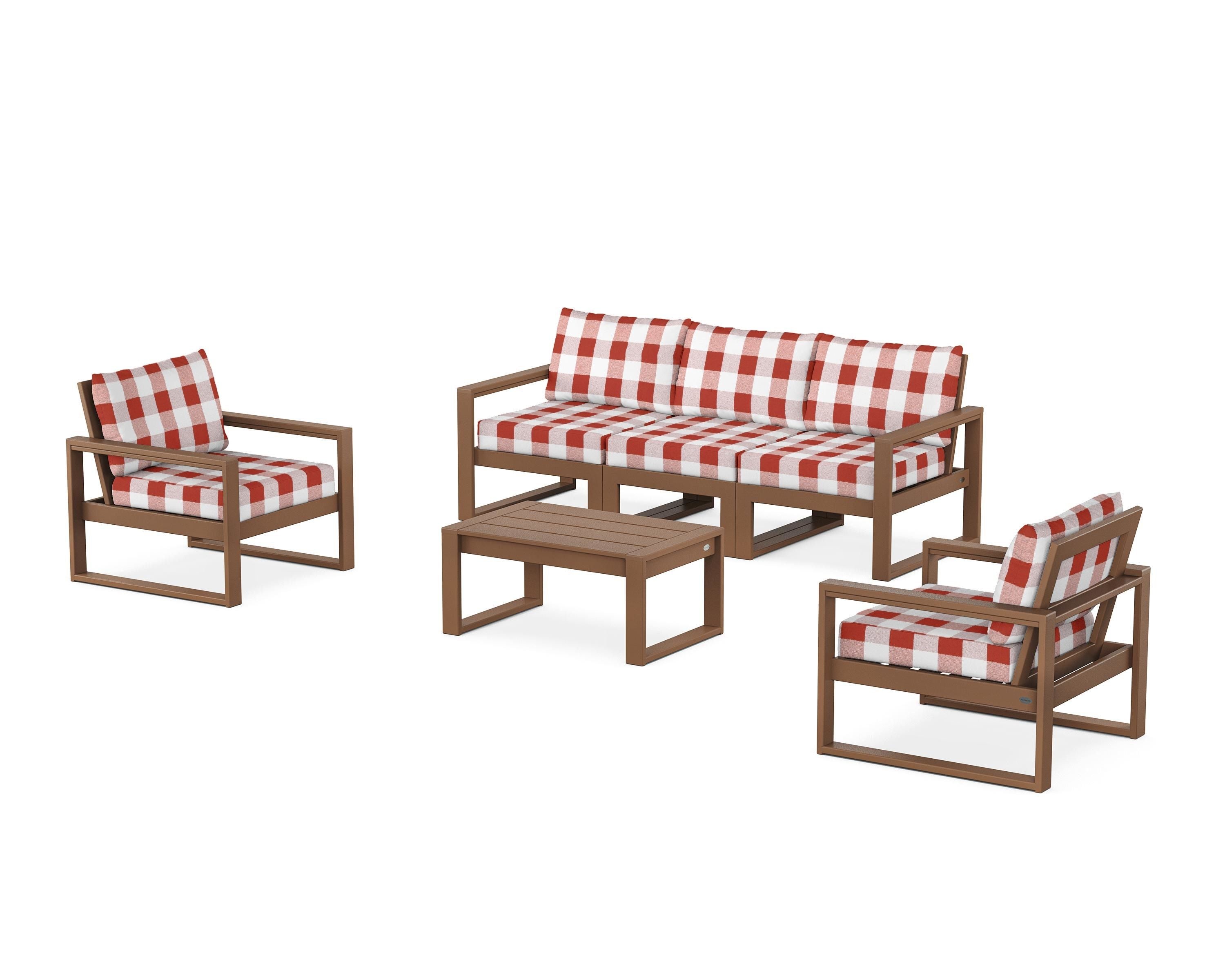 POLYWOOD® EDGE Sectional 4-Piece Deep Seating Set with Sofa in Teak / Buffalo Plaid Crimson
