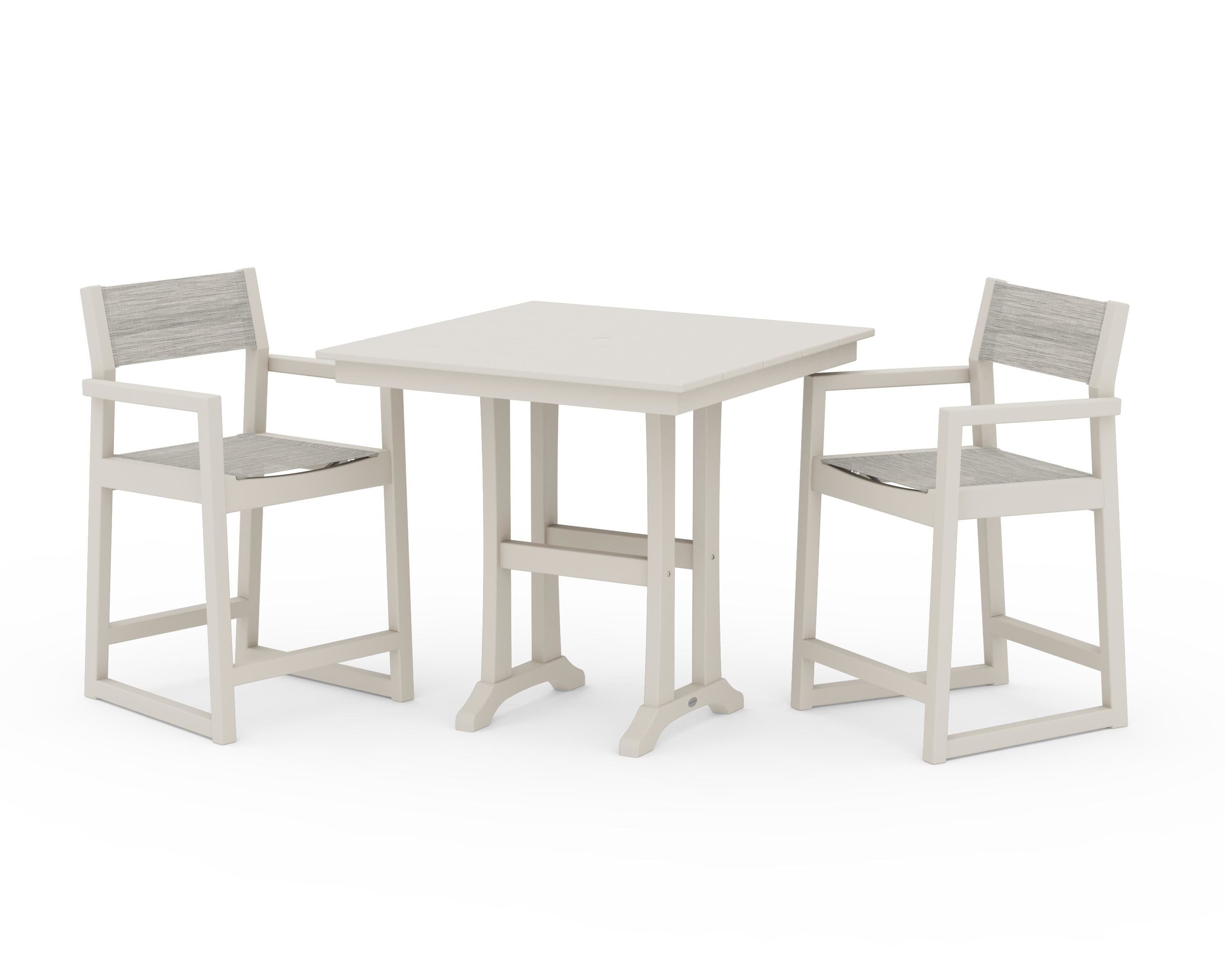 POLYWOOD® EDGE Sling Arm Chair 3-Piece Farmhouse Counter Set with Trestle Legs in Sand / Birch Sling
