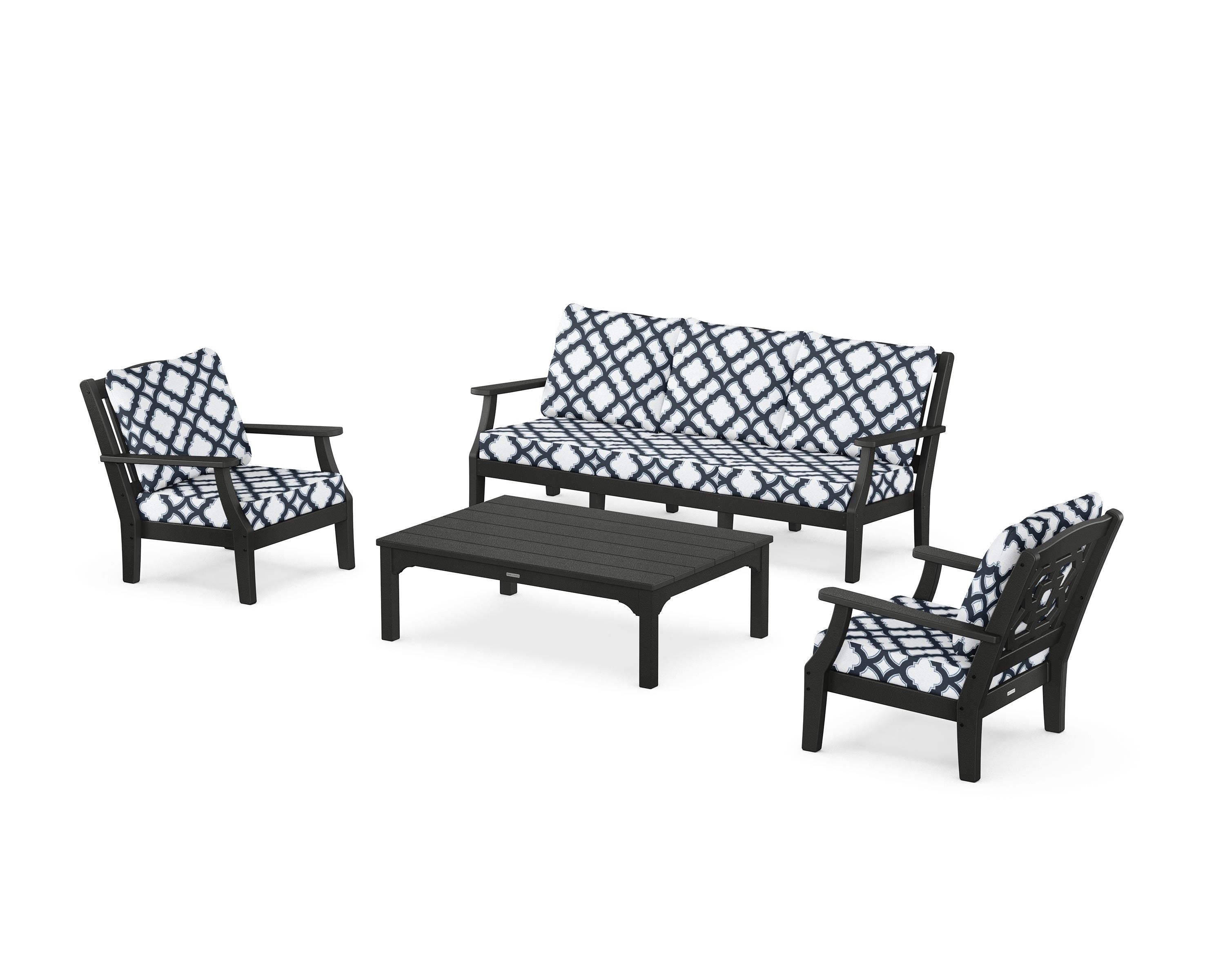 Martha Stewart by POLYWOOD® Chinoiserie 4-Piece Deep Seating Set with Sofa in Black / Trellis Marine Indigo