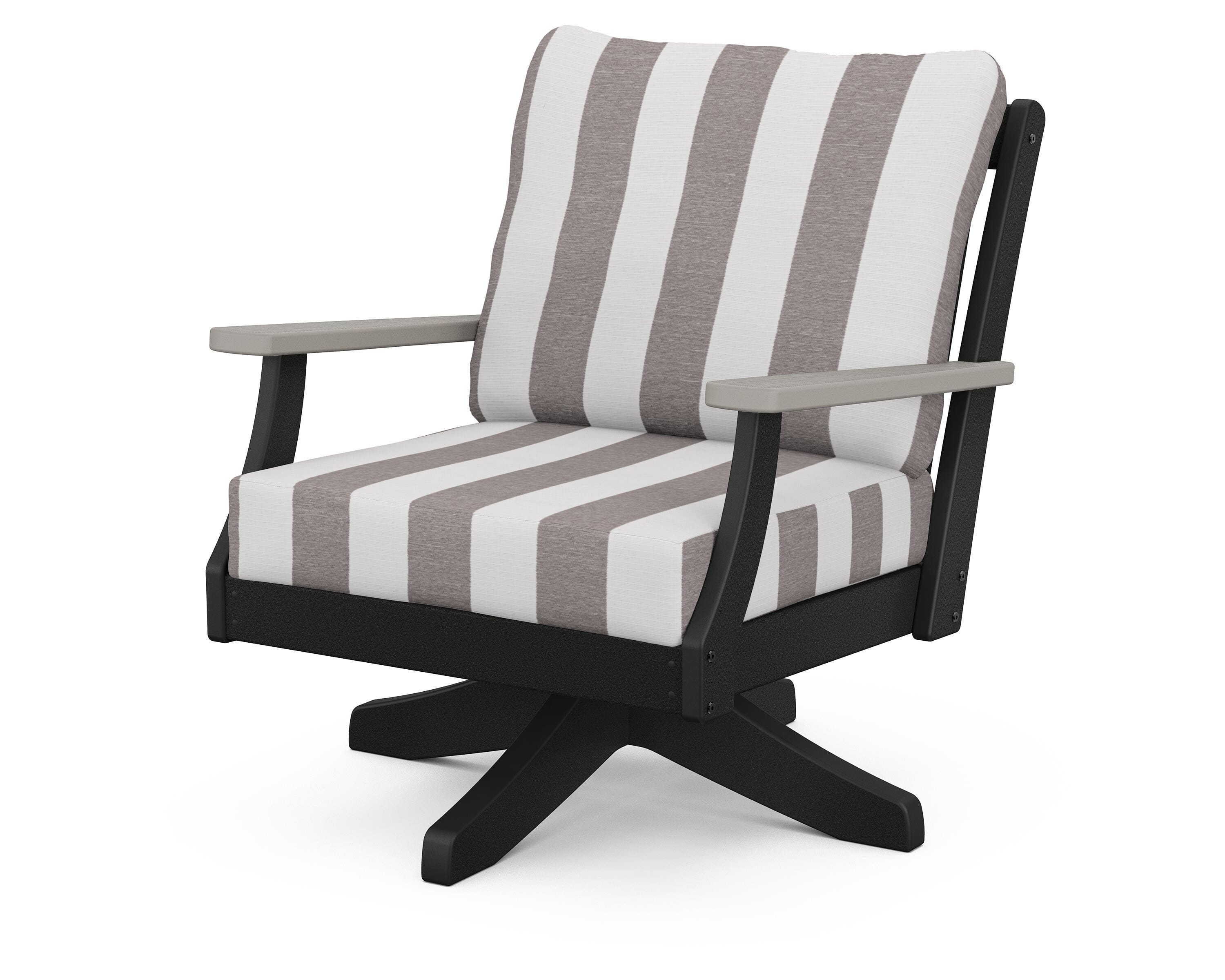 POLYWOOD® Braxton Deep Seating Swivel Chair in Black / Driftwood / Cabana Stripe Grey Mist