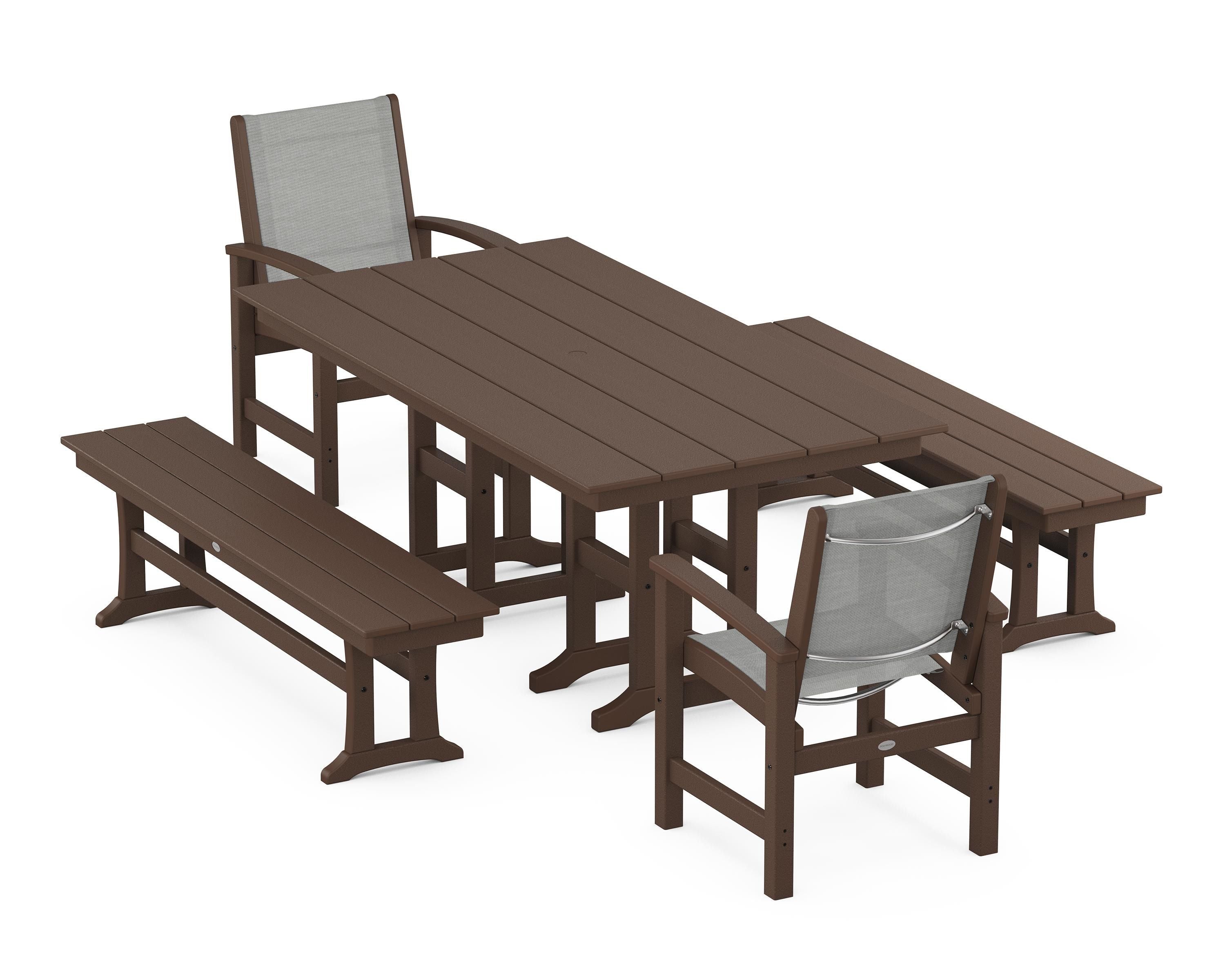 POLYWOOD® Coastal 5-Piece Farmhouse Dining Set in Mahogany / Metallic Sling