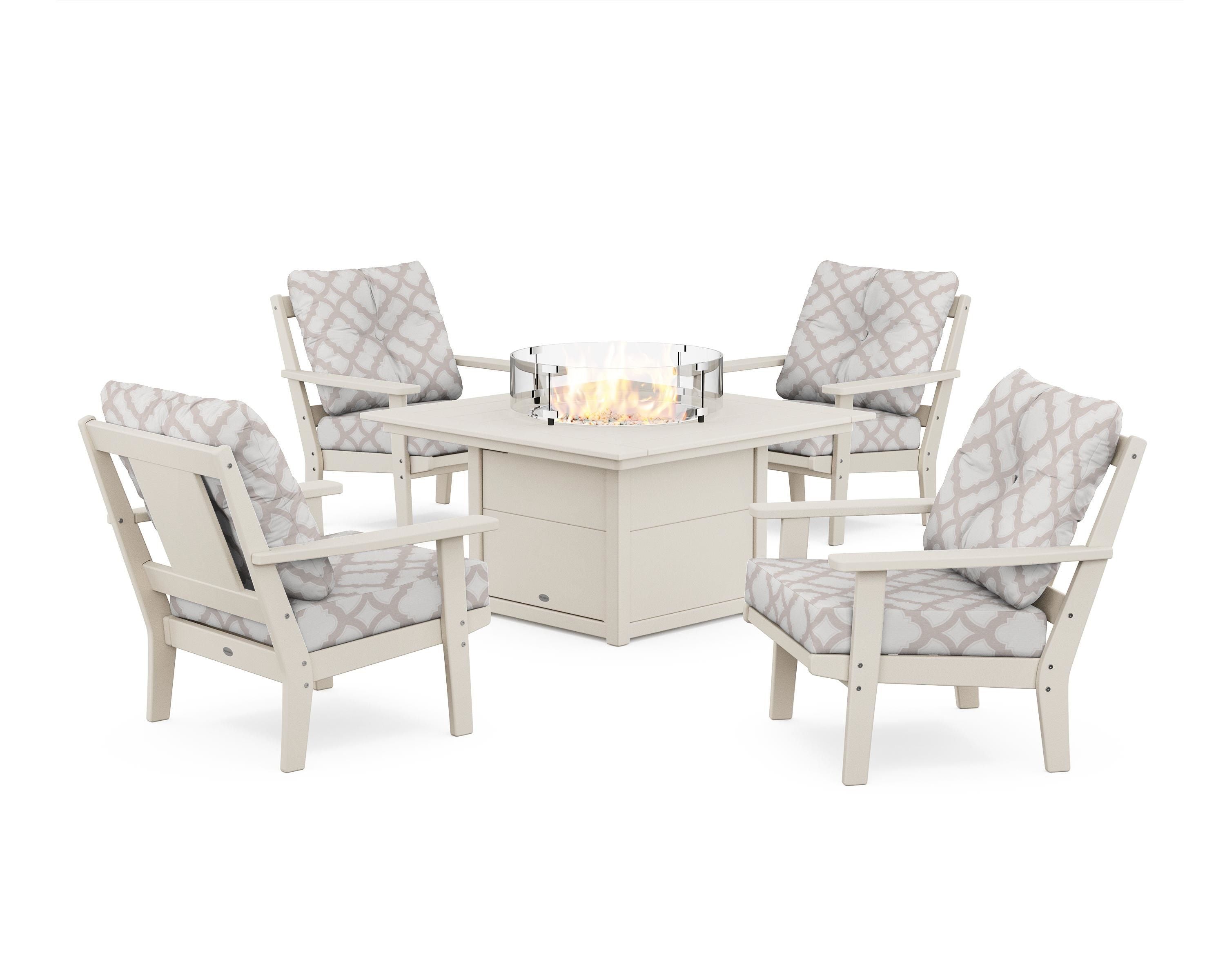POLYWOOD® Prairie 5-Piece Deep Seating Set with Fire Pit Table in Sand / Trellis Dune Burlap