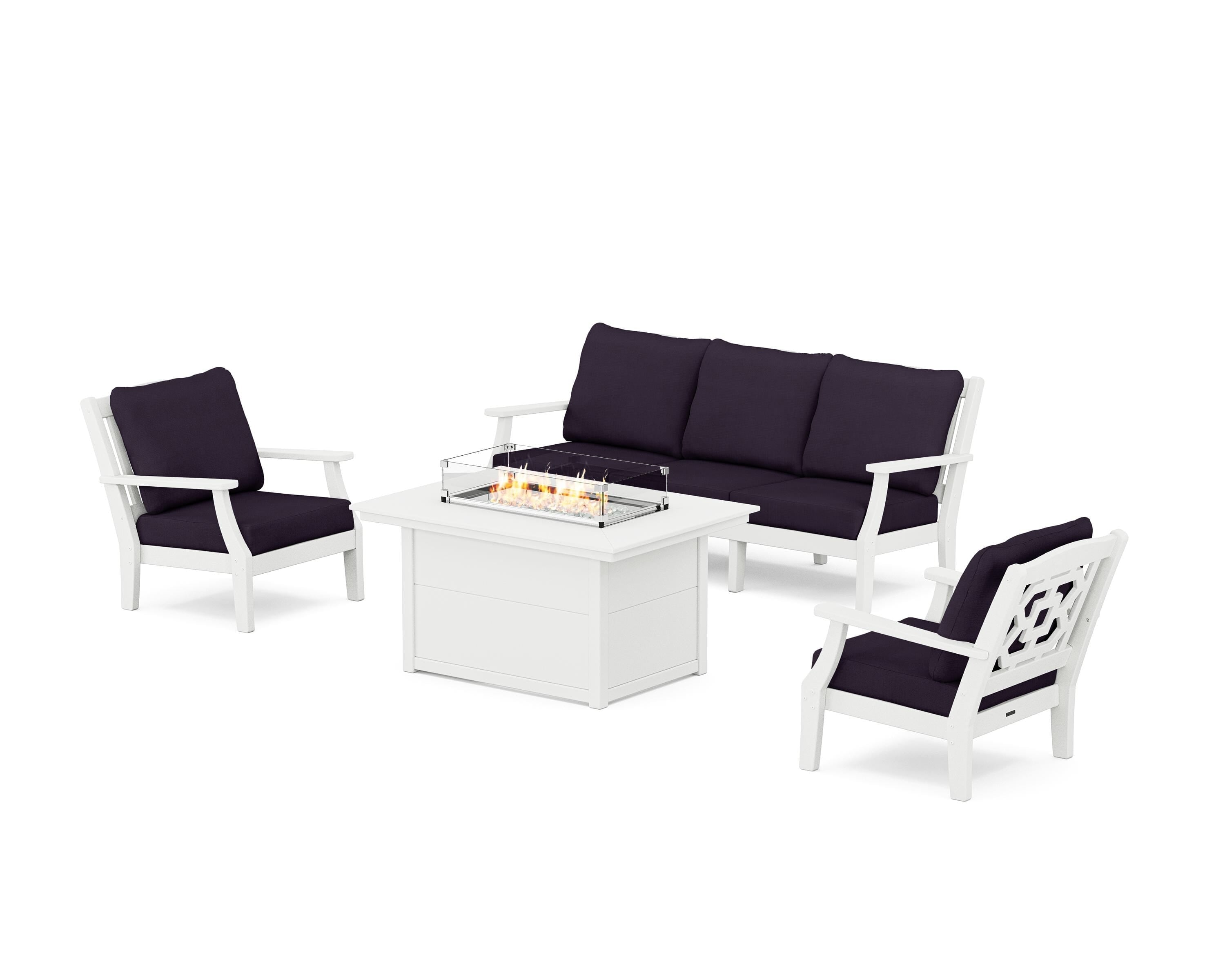 Martha Stewart by POLYWOOD® Chinoiserie Deep Seating Fire Pit Table Set in White / Navy Linen