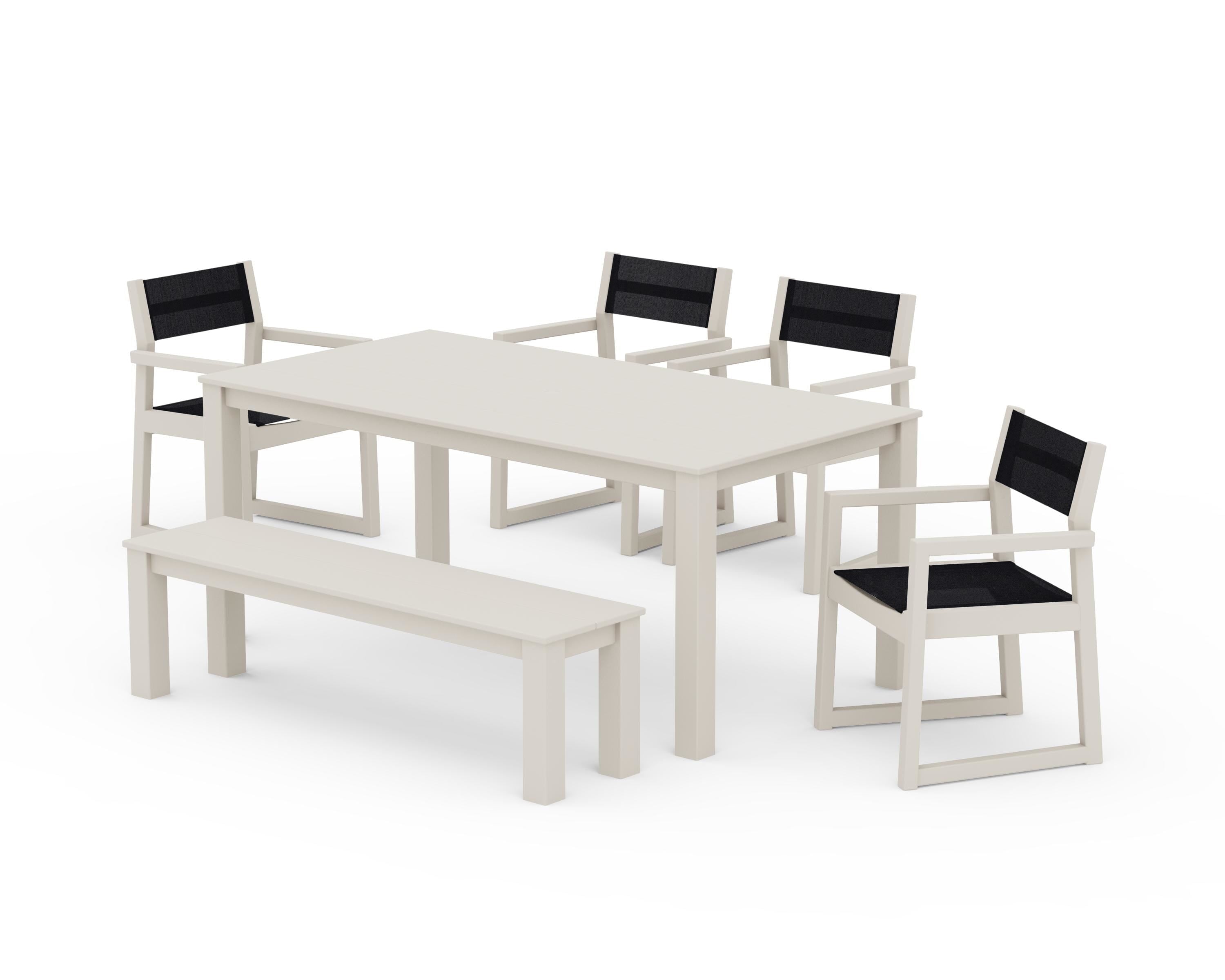 POLYWOOD® EDGE Sling Arm Chair 6-Piece Parsons Dining Set with Bench in Sand / Black Sling