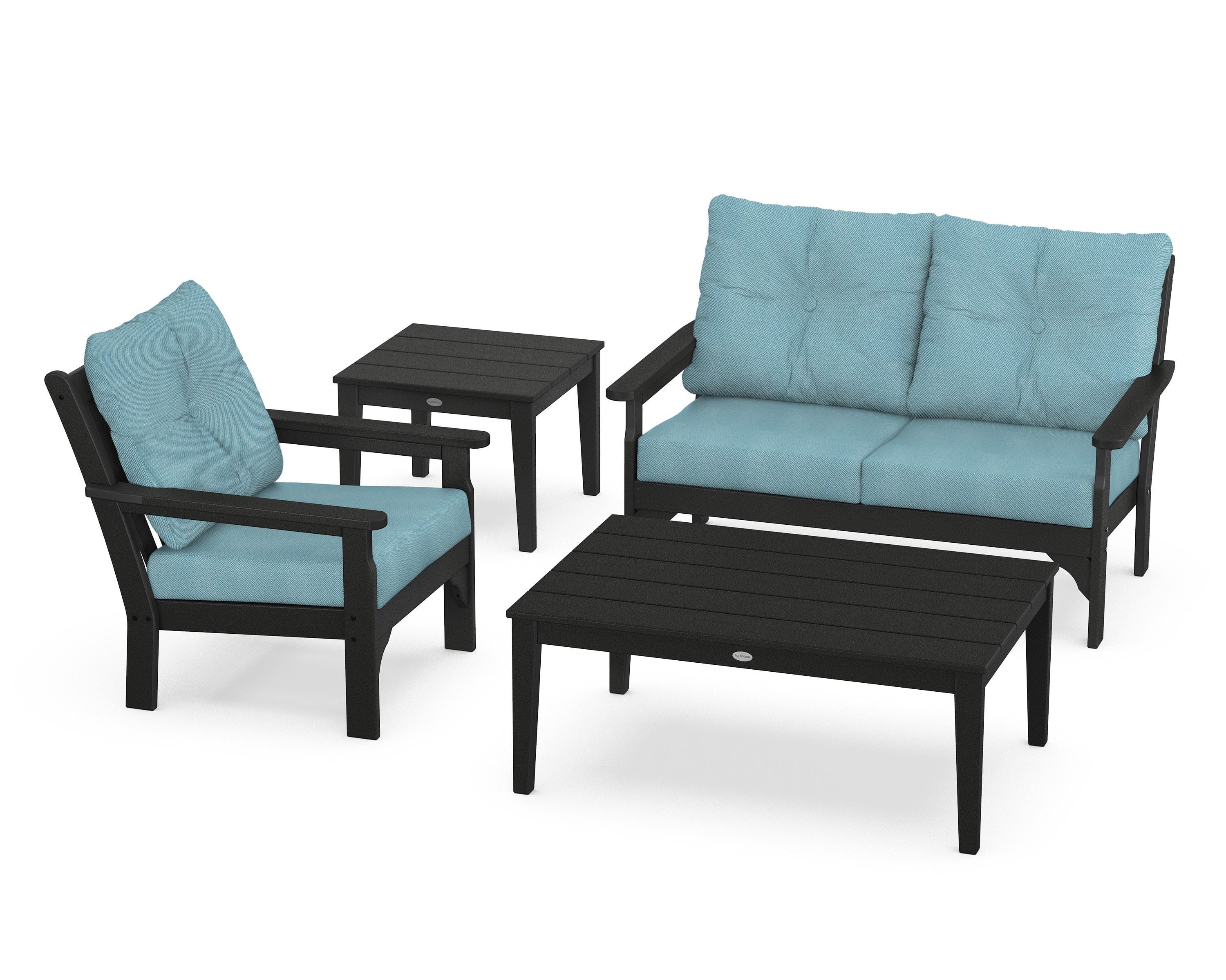 POLYWOOD® Vineyard 4-Piece Deep Seating Set in Black / Lattice Sky Blue