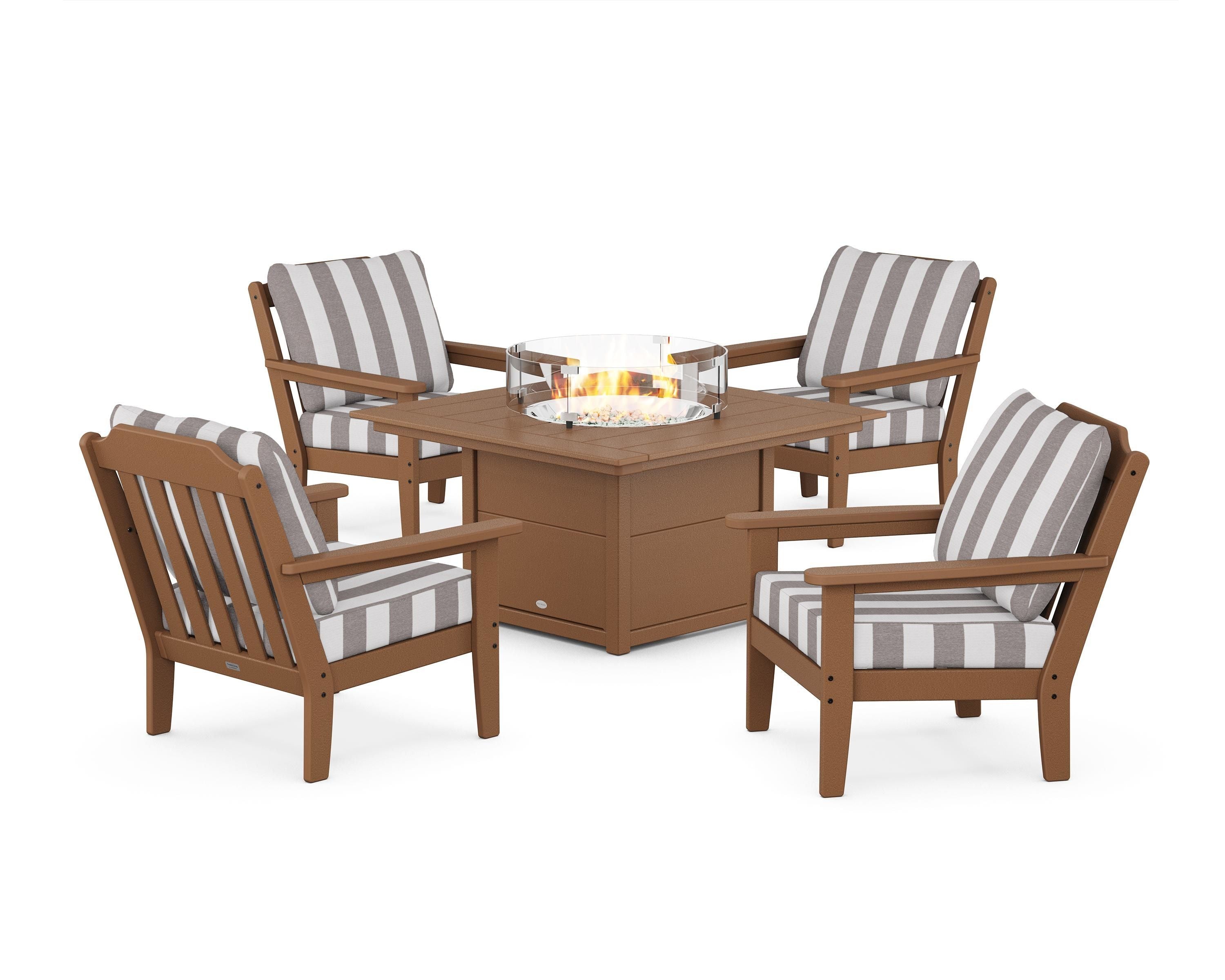 Country Living Cottage 5-Piece Deep Seating Set with Fire Pit Table in Teak / Cabana Stripe Grey Mist