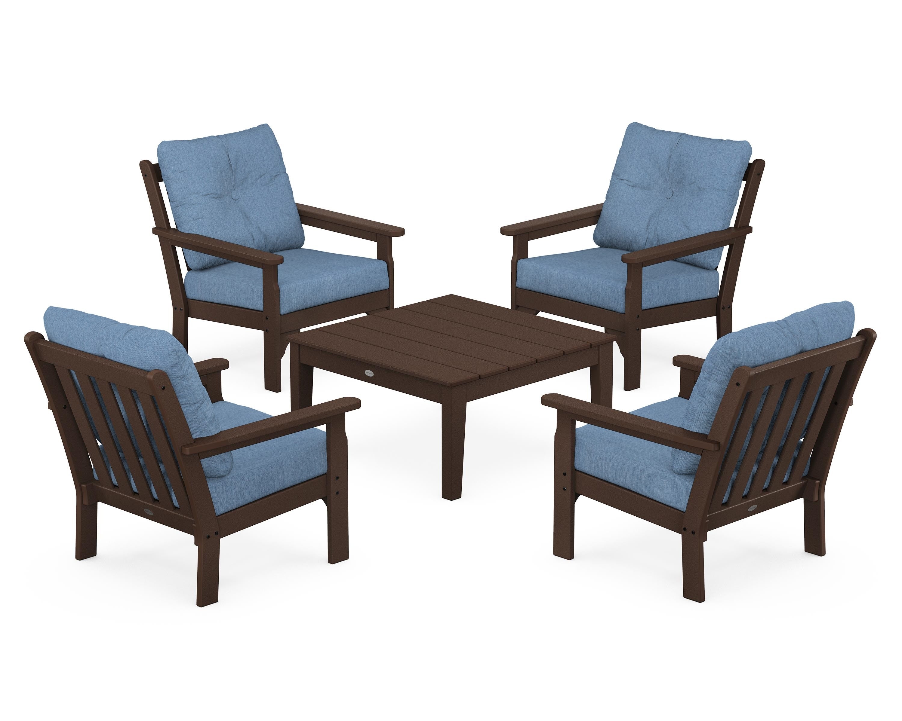 POLYWOOD® Vineyard 5-Piece Deep Seating Conversation Set in Mahogany / Sky Blue