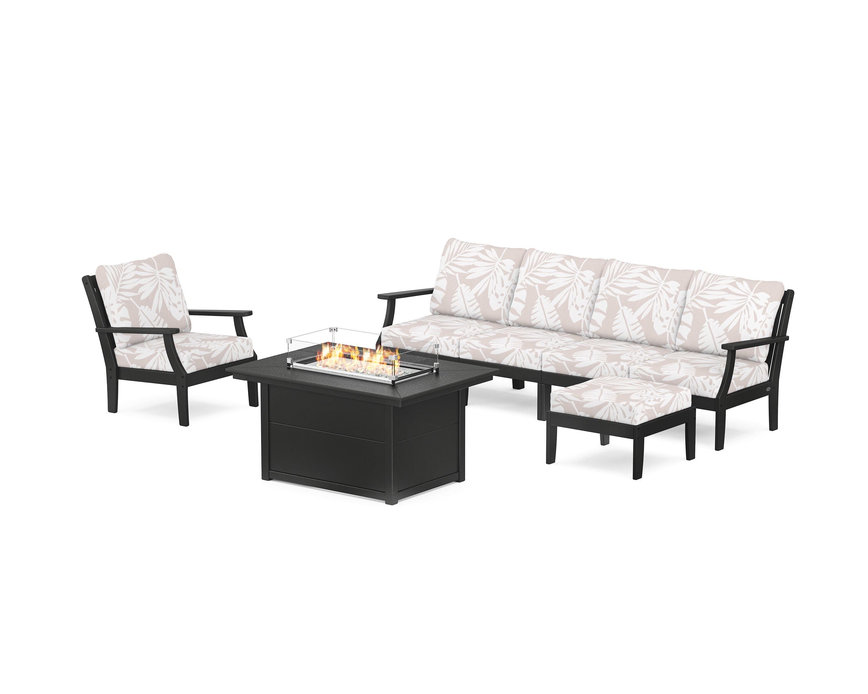 POLYWOOD® Braxton Sectional Lounge and Fire Pit Set in Black / Leaf Dune Burlap